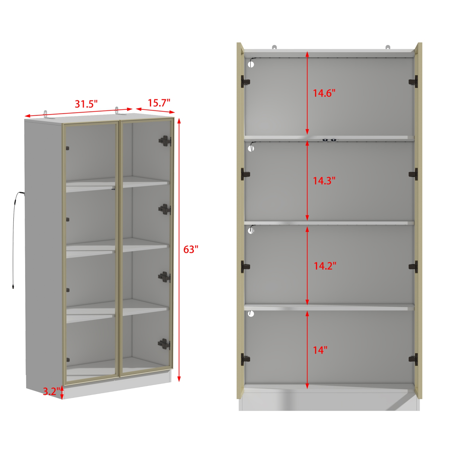 Homsee Modern Display Cabinet with Glass Doors, Adjustable Shelves, and LED Lighting for Living Room or Kitchen White