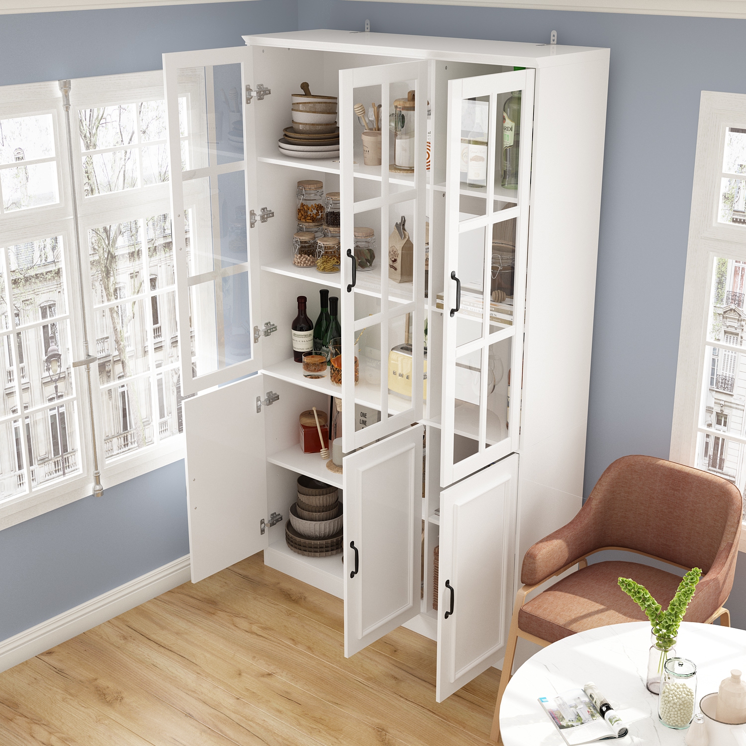 Homsee Tall Pantry Cabinet with Glass Doors, Adjustable Shelves, and Ample Storage for Kitchen or Dining Room White