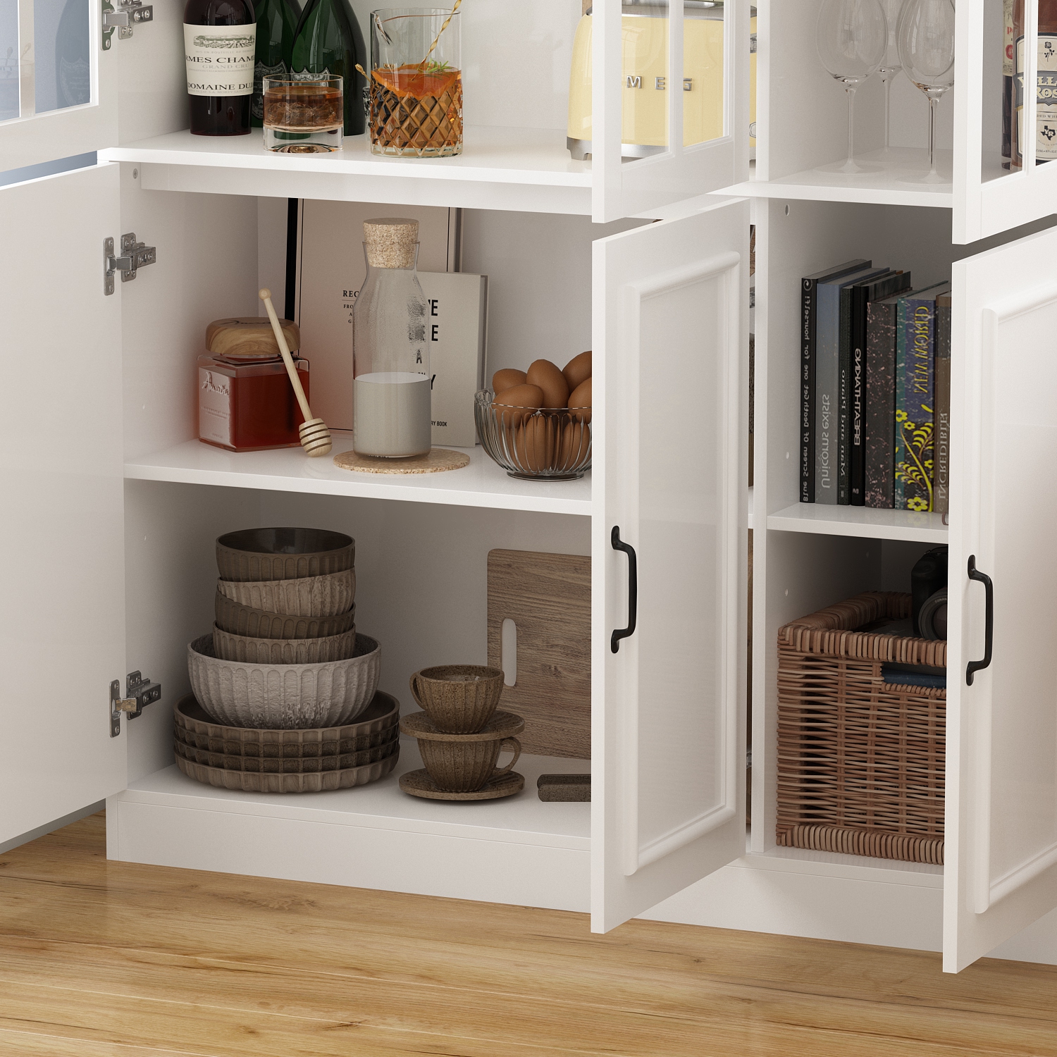 Homsee Tall Pantry Cabinet with Glass Doors, Adjustable Shelves, and Ample Storage for Kitchen or Dining Room White