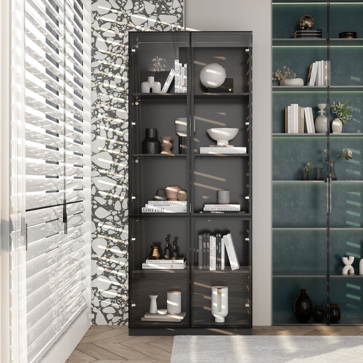 Homsee Sleek Display Cabinet with Glass Doors, Adjustable Shelves, and Integrated LED Lighting Black