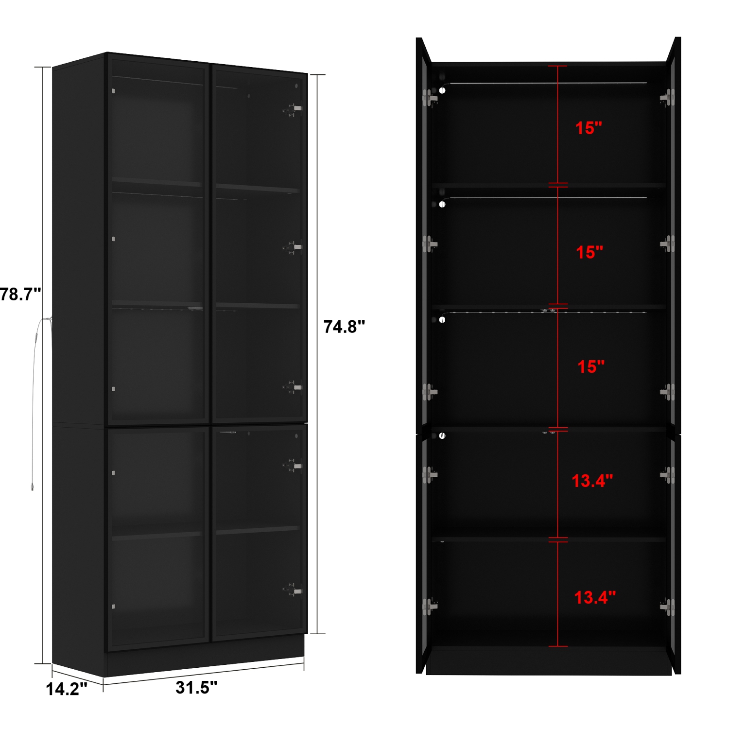Homsee Sleek Display Cabinet with Glass Doors, Adjustable Shelves, and Integrated LED Lighting Black