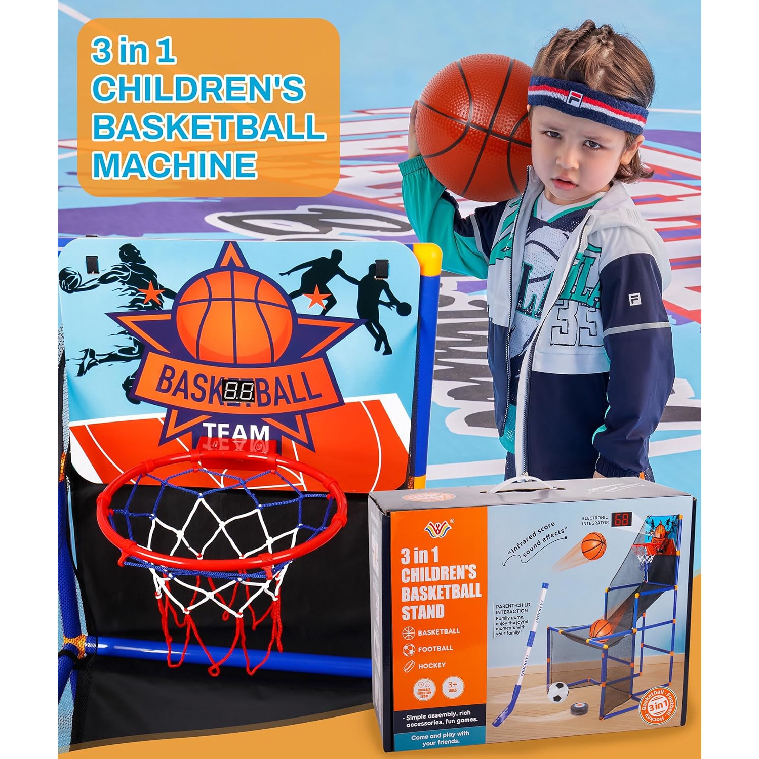 3In1 Scoring Basketball Stand Football Hockey Toy Gift Set For 3+ Years Kids
