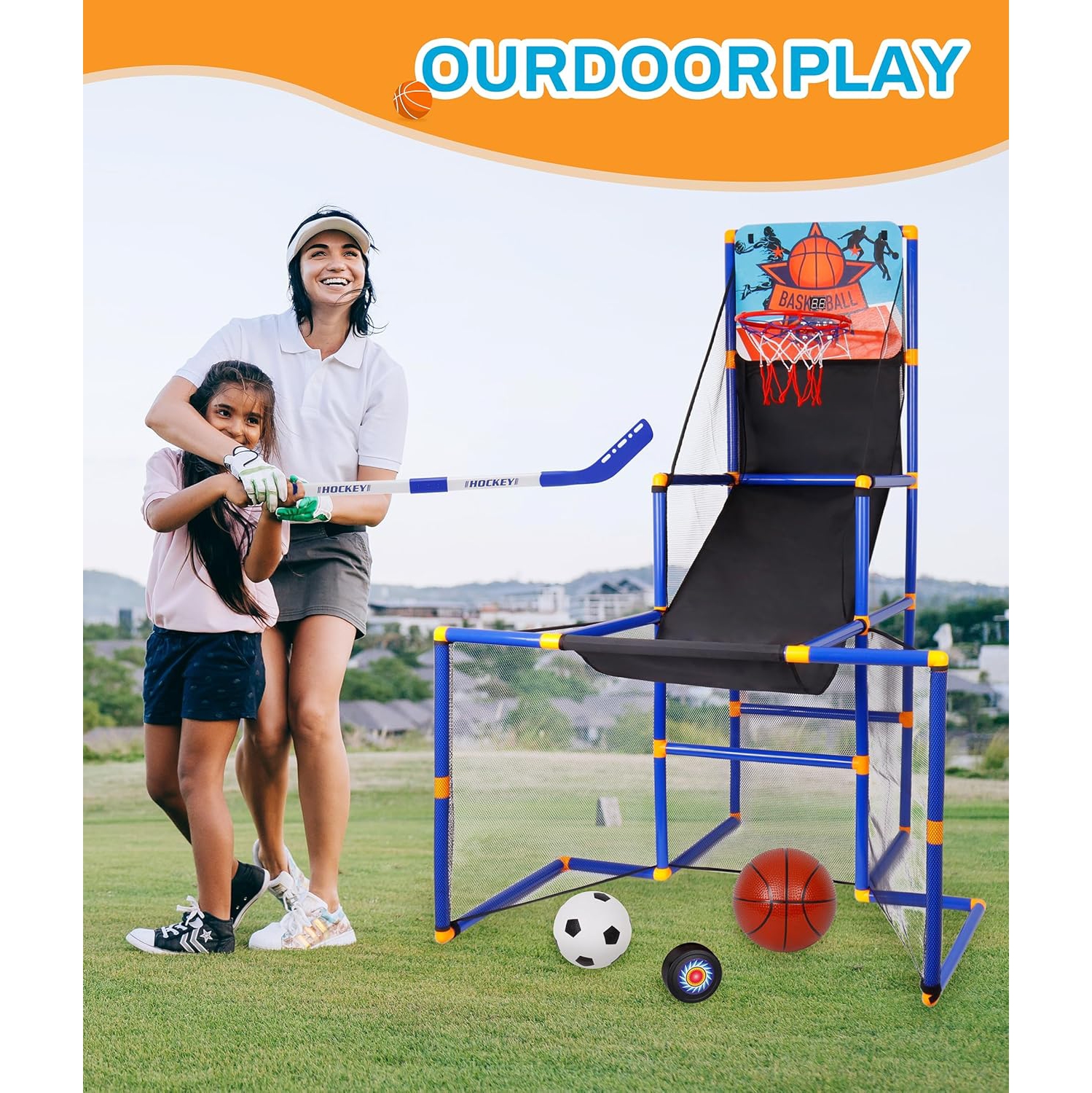 3In1 Scoring Basketball Stand Football Hockey Toy Gift Set For 3+ Years Kids
