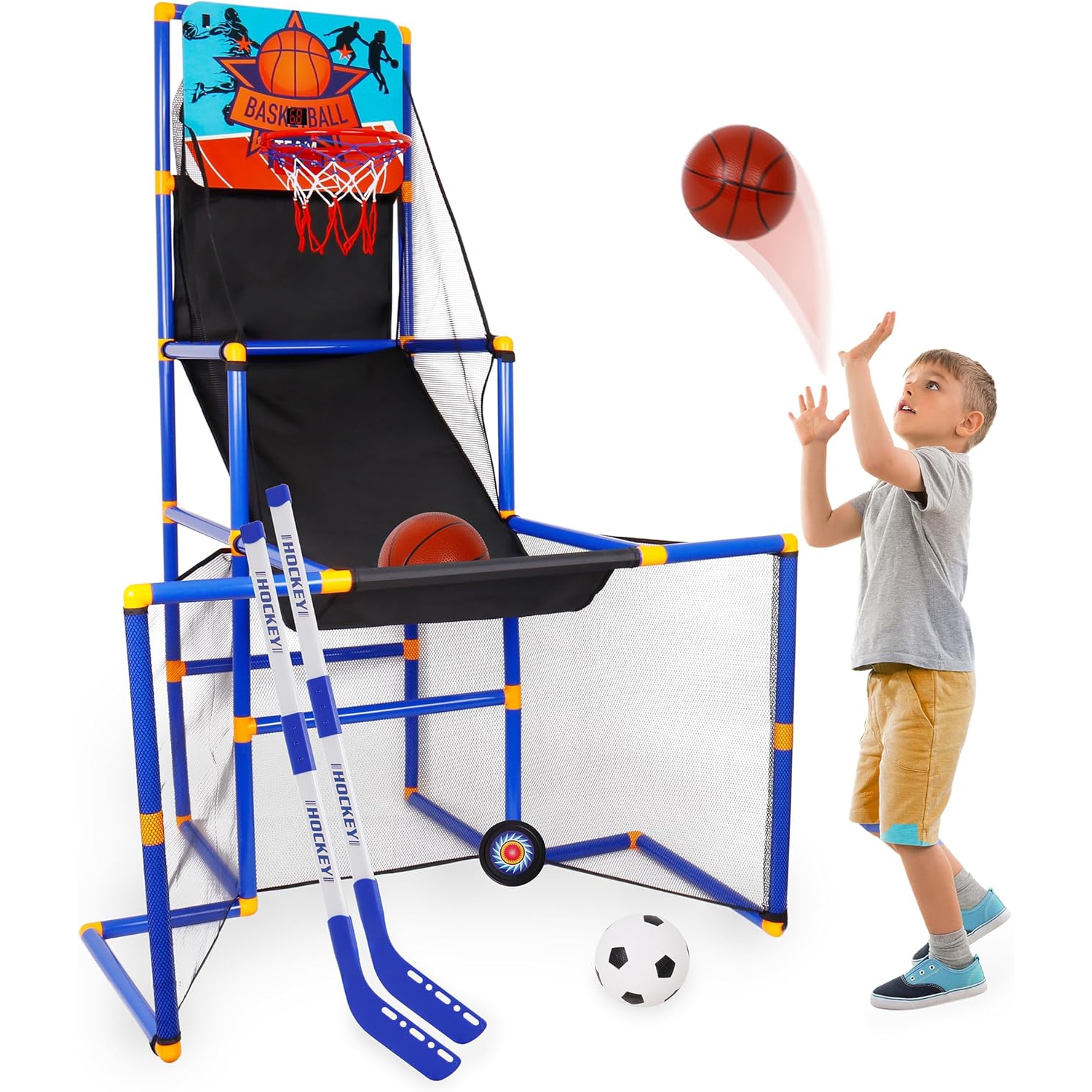 3In1 Scoring Basketball Stand Football Hockey Toy Gift Set For 3+ Years Kids