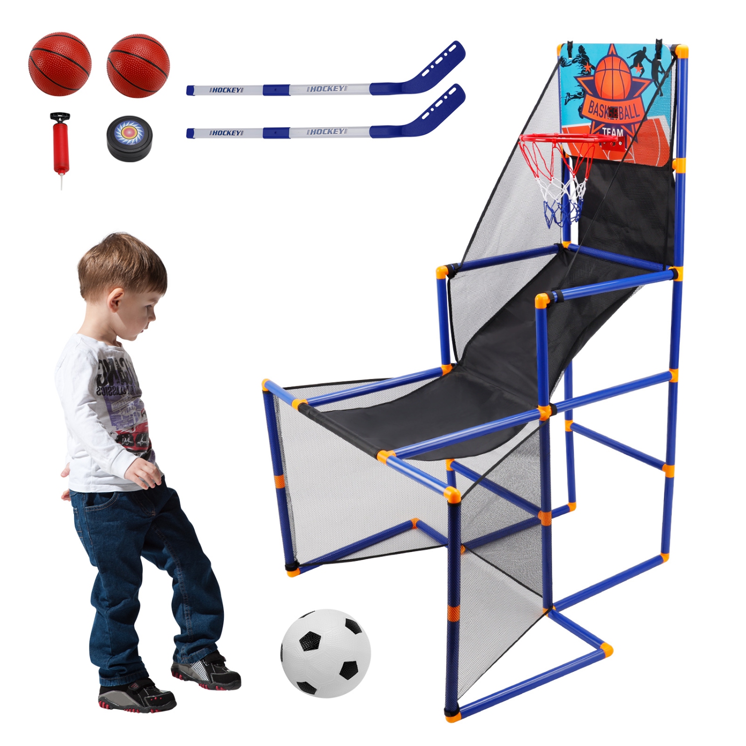 3In1 Scoring Basketball Stand Football Hockey Toy Gift Set For 3+ Years Kids