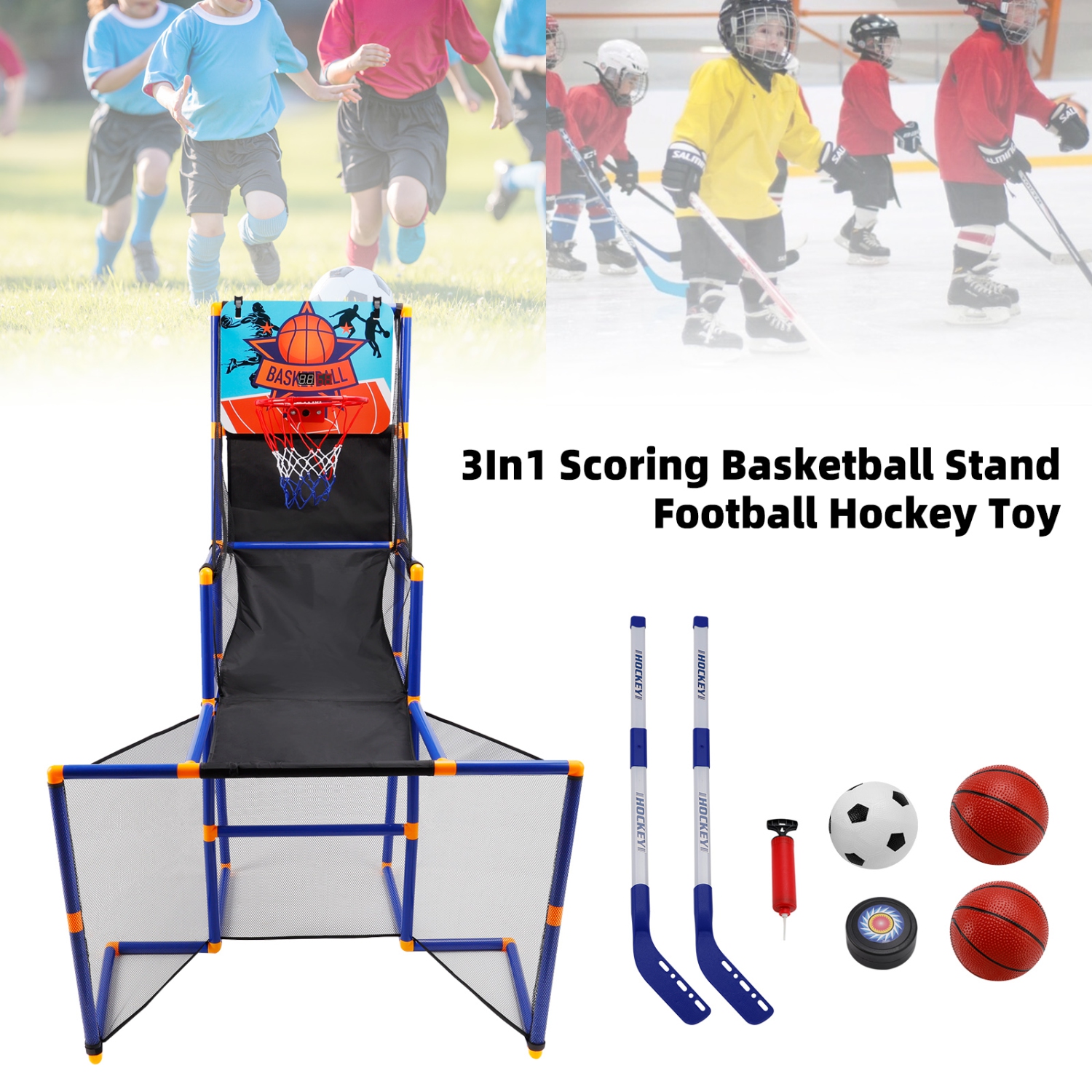 3In1 Scoring Basketball Stand Football Hockey Toy Gift Set For 3+ Years Kids