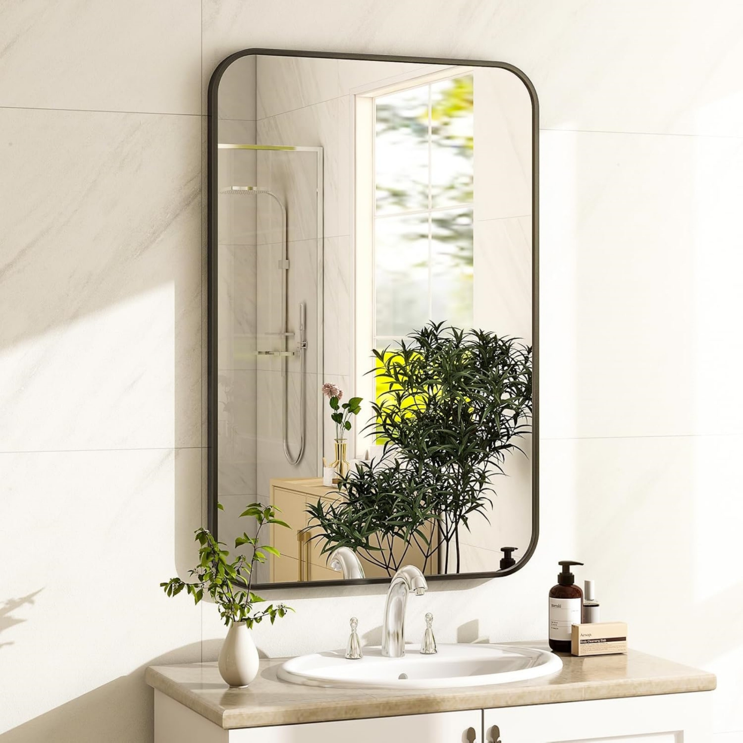 Round Corner Top Bathroom Mirror 24''x36'' Rectangle Aluminum Frame Mirror Black Hanging Entryway Wall Mirror Bedroom Decorative Mirror Living Room