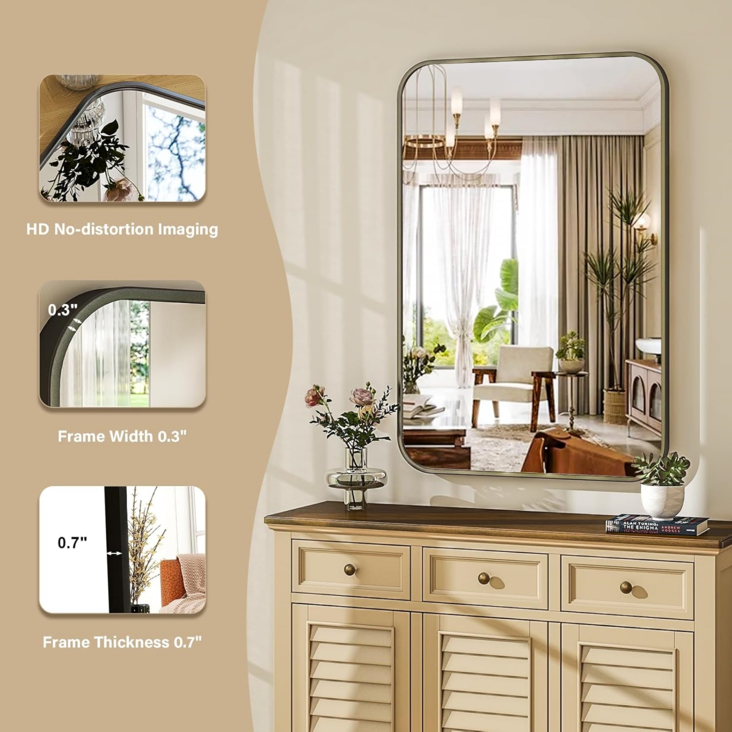 Round Corner Top Bathroom Mirror 24''x36'' Rectangle Aluminum Frame Mirror Black Hanging Entryway Wall Mirror Bedroom Decorative Mirror Living Room