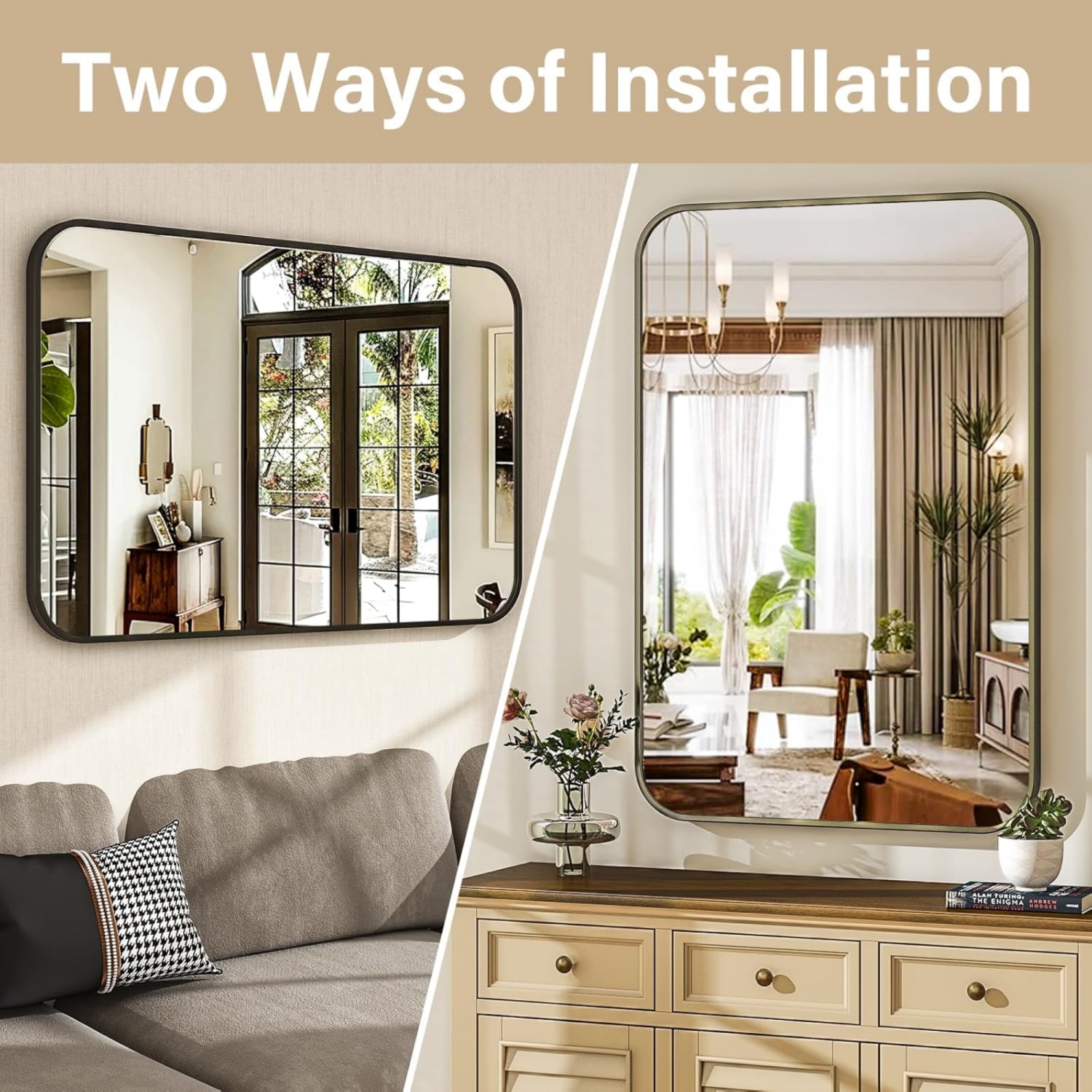 Round Corner Top Bathroom Mirror 24''x36'' Rectangle Aluminum Frame Mirror Black Hanging Entryway Wall Mirror Bedroom Decorative Mirror Living Room