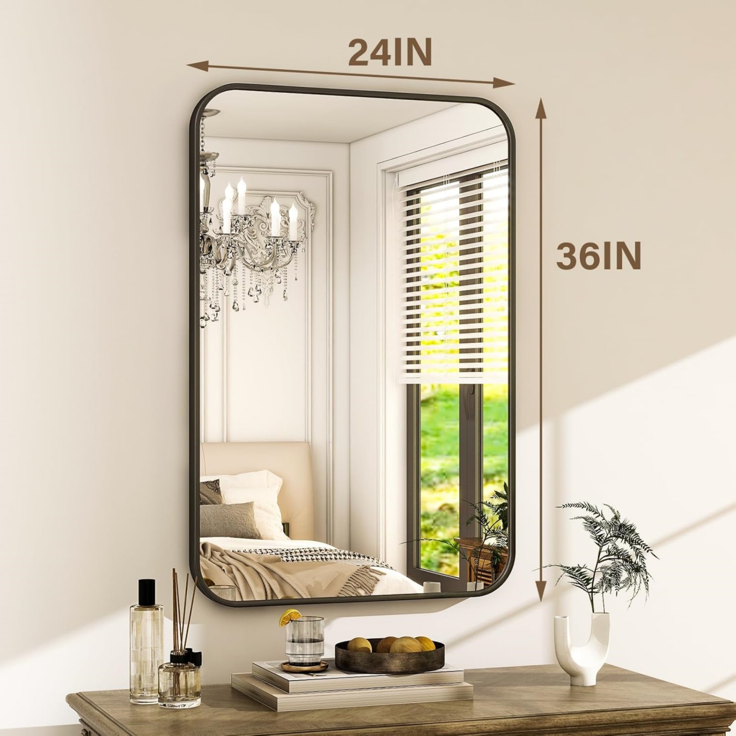 Round Corner Top Bathroom Mirror 24''x36'' Rectangle Aluminum Frame Mirror Black Hanging Entryway Wall Mirror Bedroom Decorative Mirror Living Room