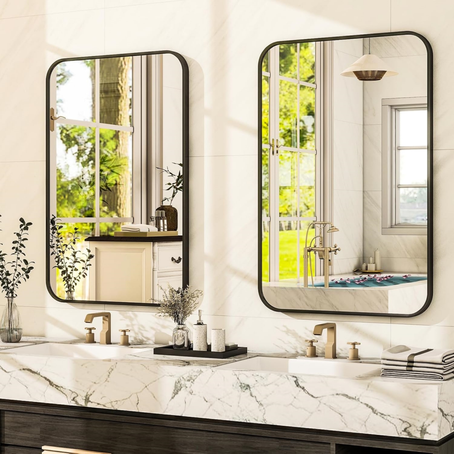 Round Corner Top Bathroom Mirror 24''x36'' Rectangle Aluminum Frame Mirror Black Hanging Entryway Wall Mirror Bedroom Decorative Mirror Living Room