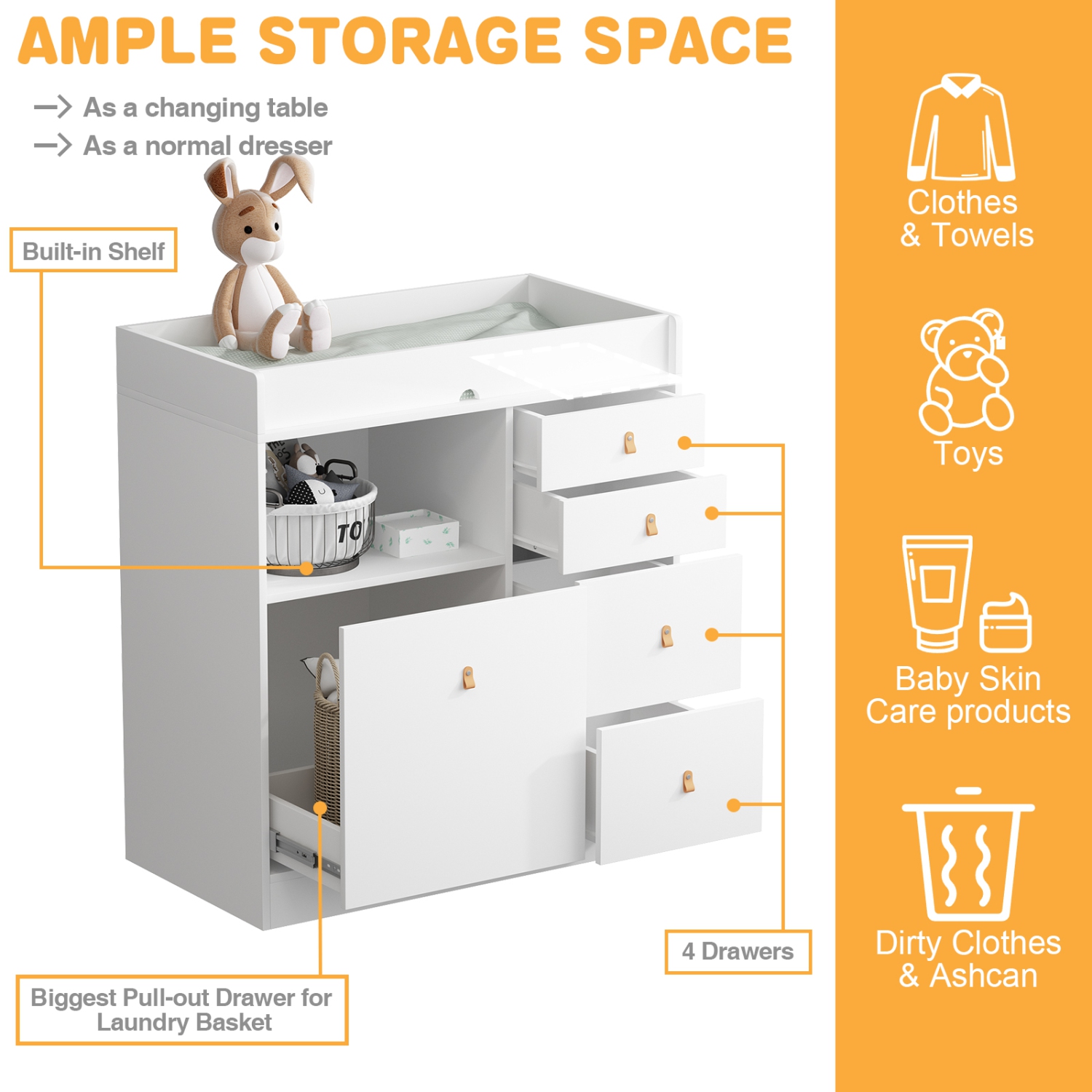Table à langer blanche classique de Homsee avec grand espace de rangement, tablettes intégrées et panier à linge coulissant, blanc