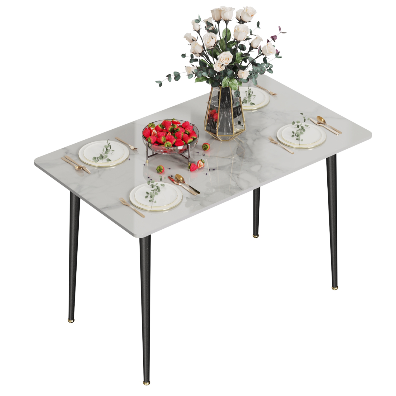 48 x 28 Inch Kitchen Dining Table:Modern Rectangular Breakfast Table Sintered Stone Marble Effect Table Top with Tapered Metal Legs for Restaurant
