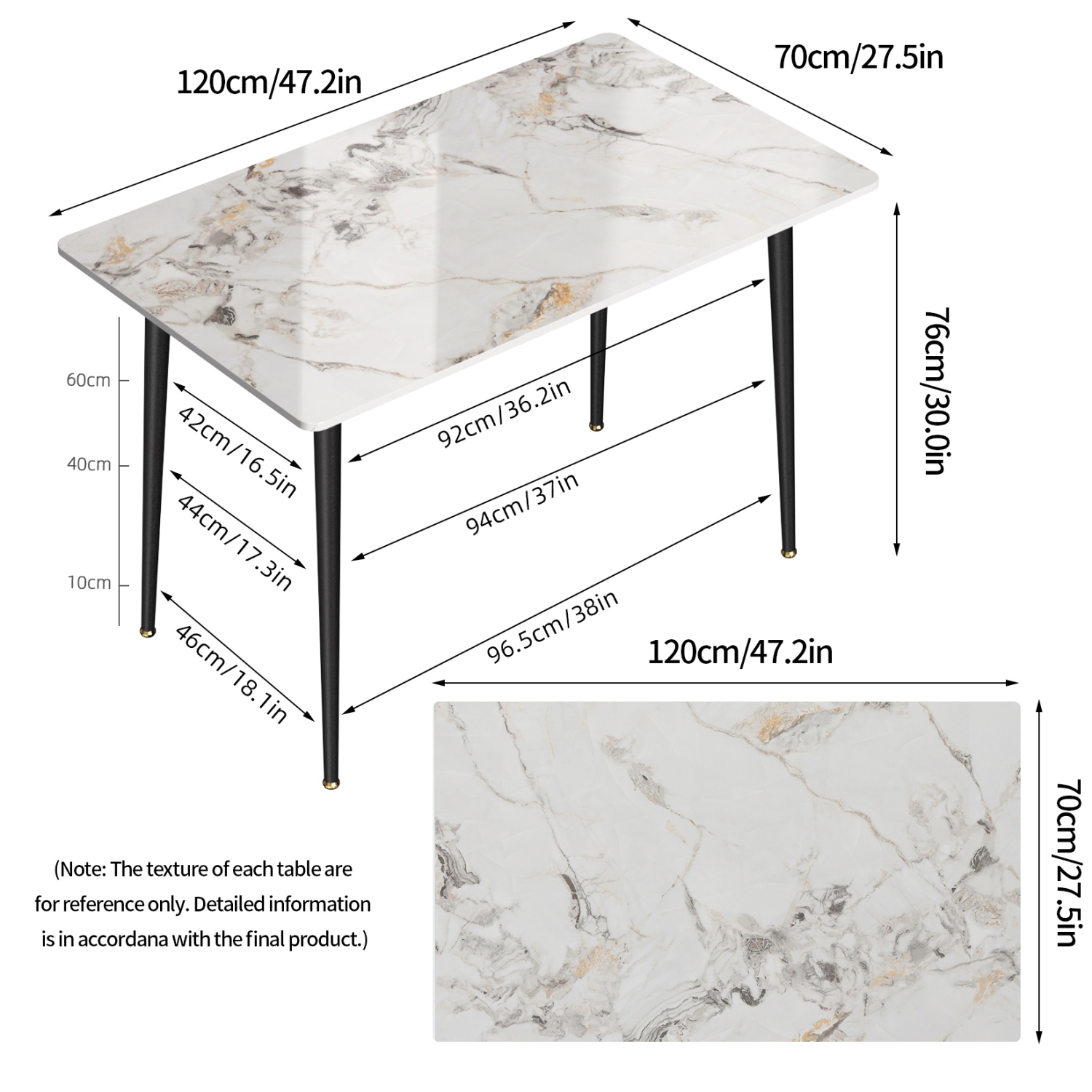 48 x 28 Inch Kitchen Dining Table:Modern Rectangular Breakfast Table Sintered Stone Marble Effect Table Top with Tapered Metal Legs for Restaurant