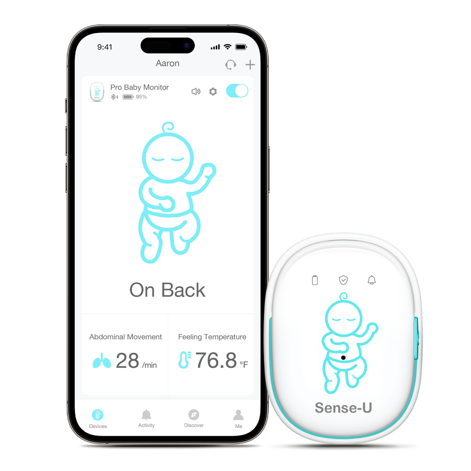 Sense-U Pro Baby Breathing Monitor: Real-time Alerts for No Breathing, Rollover, Overheating, Arousal Vibration, Audible & App Alert, Easy Clip-On