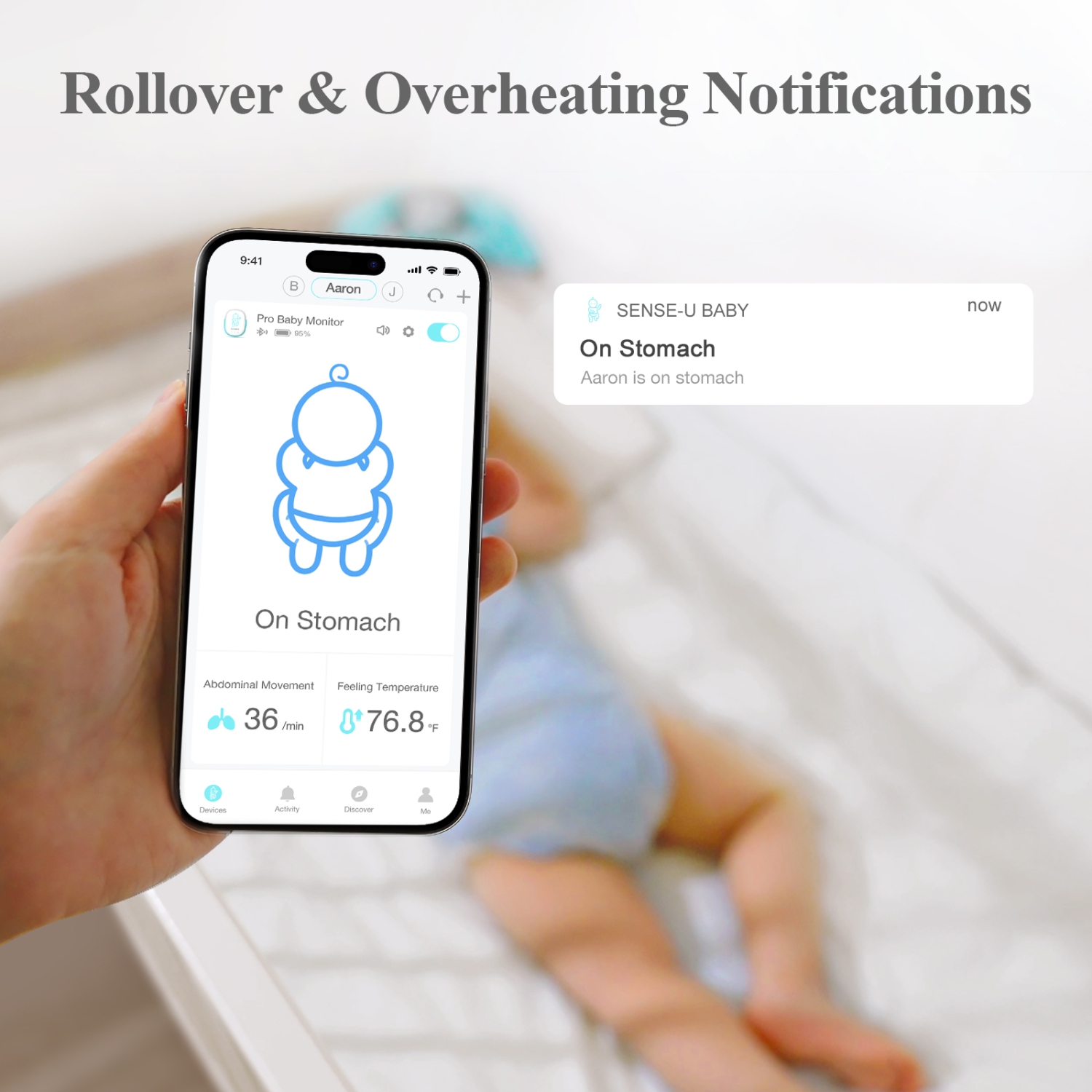 Sense-U Pro Baby Breathing Monitor: Real-time Alerts for No Breathing, Rollover, Overheating, Arousal Vibration, Audible & App Alert, Easy Clip-On