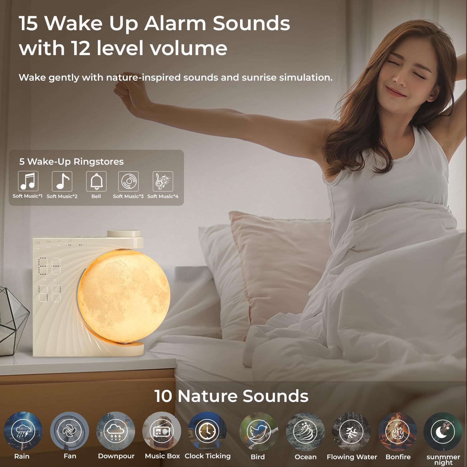 Moon Light Sunrise Alarm Clock and Sound Machine for Heavy Sleepers, Adults, Nightlight, Sleep Aid, Dual Alarms, Snooze, Wake Up Light, 10 Nature