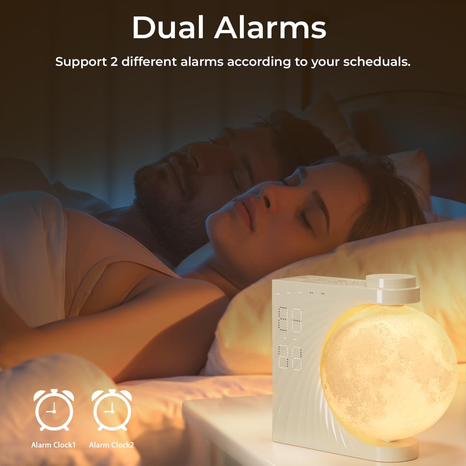 Moon Light Sunrise Alarm Clock and Sound Machine for Heavy Sleepers, Adults, Nightlight, Sleep Aid, Dual Alarms, Snooze, Wake Up Light, 10 Nature