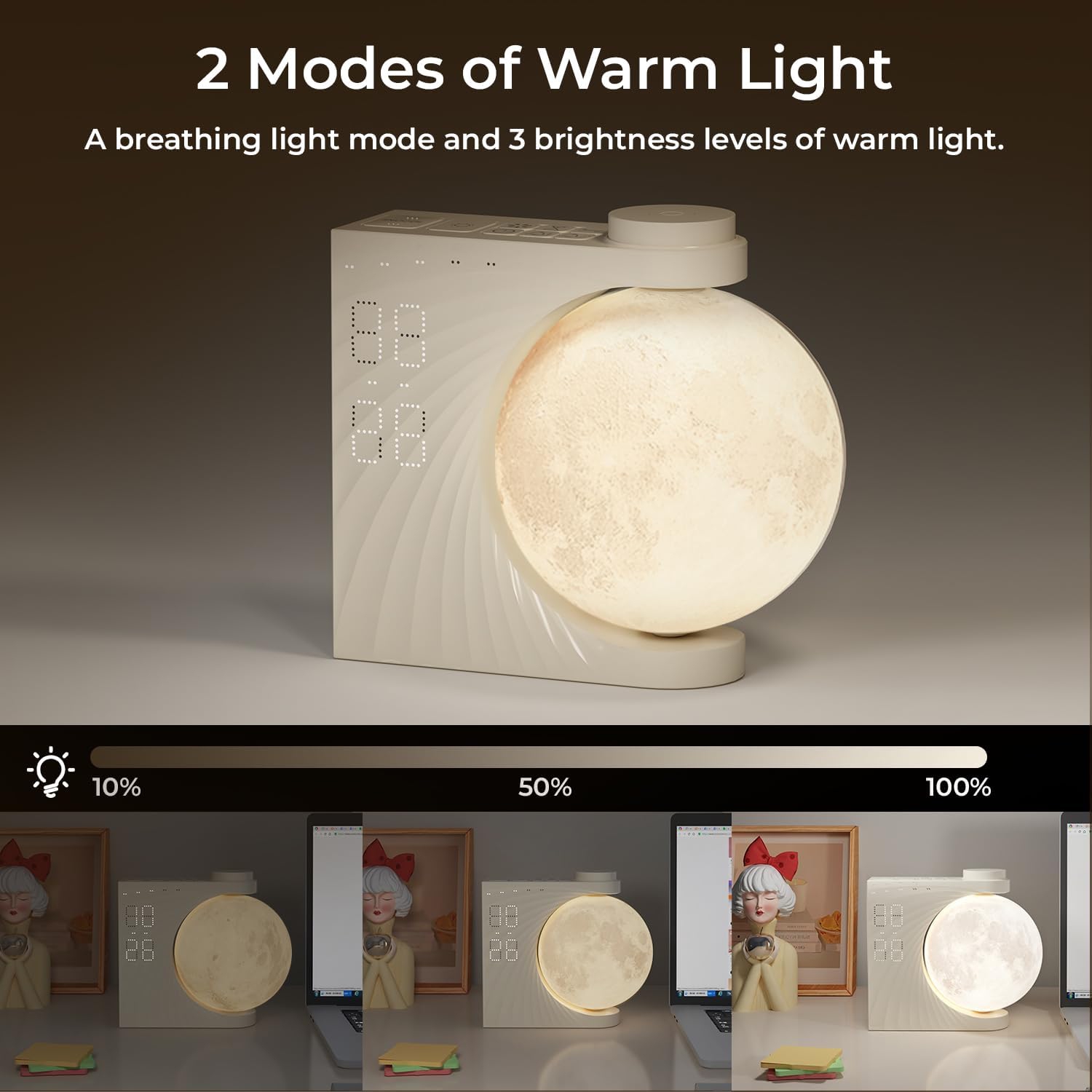 Moon Light Sunrise Alarm Clock and Sound Machine for Heavy Sleepers, Adults, Nightlight, Sleep Aid, Dual Alarms, Snooze, Wake Up Light, 10 Nature