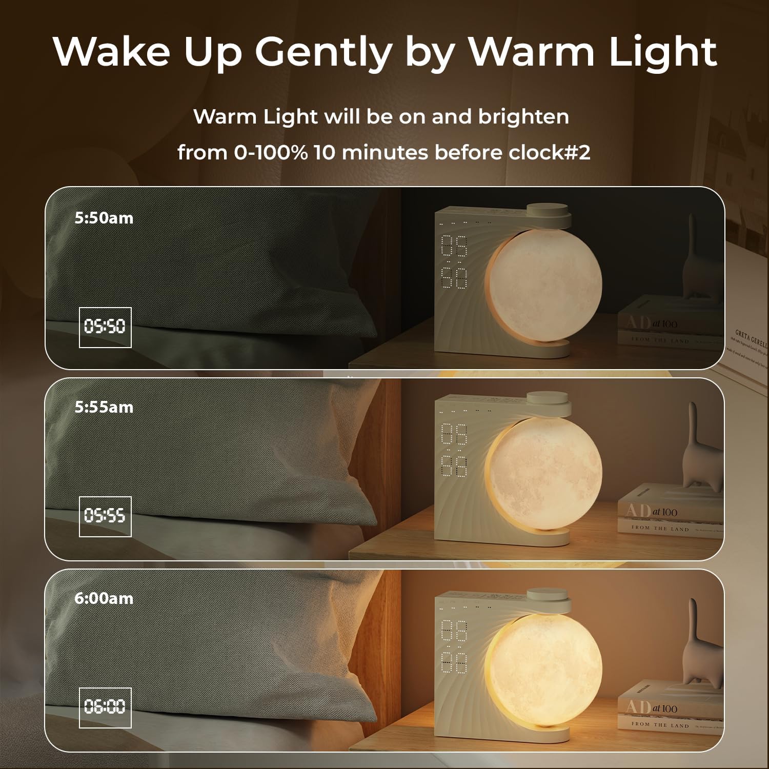 Moon Light Sunrise Alarm Clock and Sound Machine for Heavy Sleepers, Adults, Nightlight, Sleep Aid, Dual Alarms, Snooze, Wake Up Light, 10 Nature