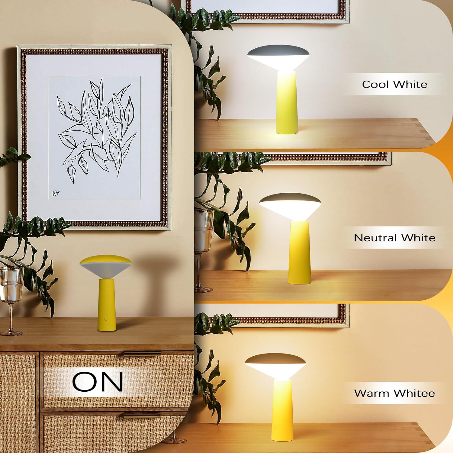 Lampe de table champignon sans fil, lampe de table rechargeable de 3 couleurs, capteur tactile, petite table de chevet lampe de chevet portative à