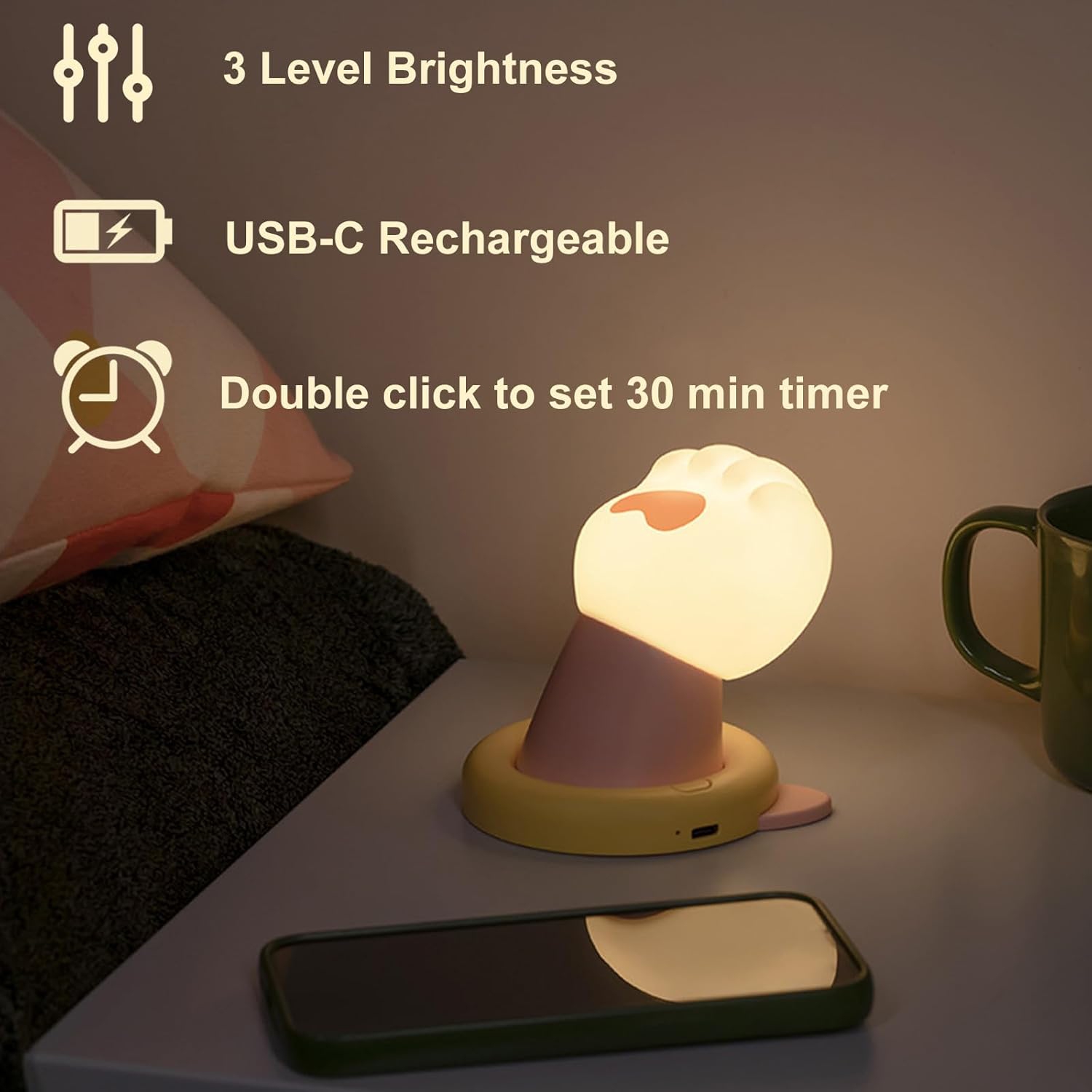 Cute Cat Paw Night Light – Touch Activated Rechargeable Night Light, Dimmable Bedside Night Lamp, Cat Nightlight with Timer for Kids, Squishy Cat