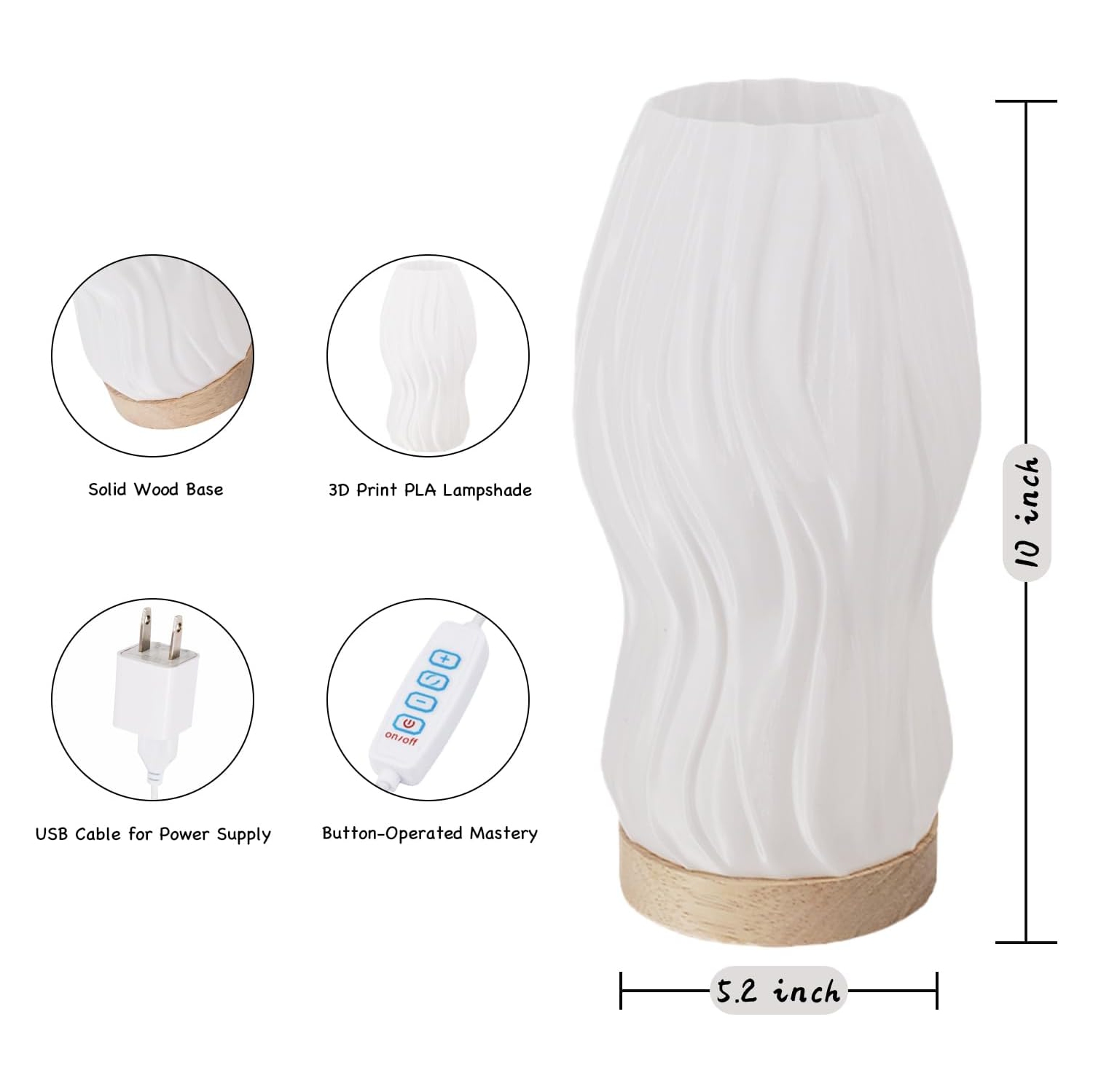 Lampe de table de chambre à coucher avec base en bois - 3 modes d'éclairage réglables, lampe de chevet moderne 3D, convient au salon, bureau