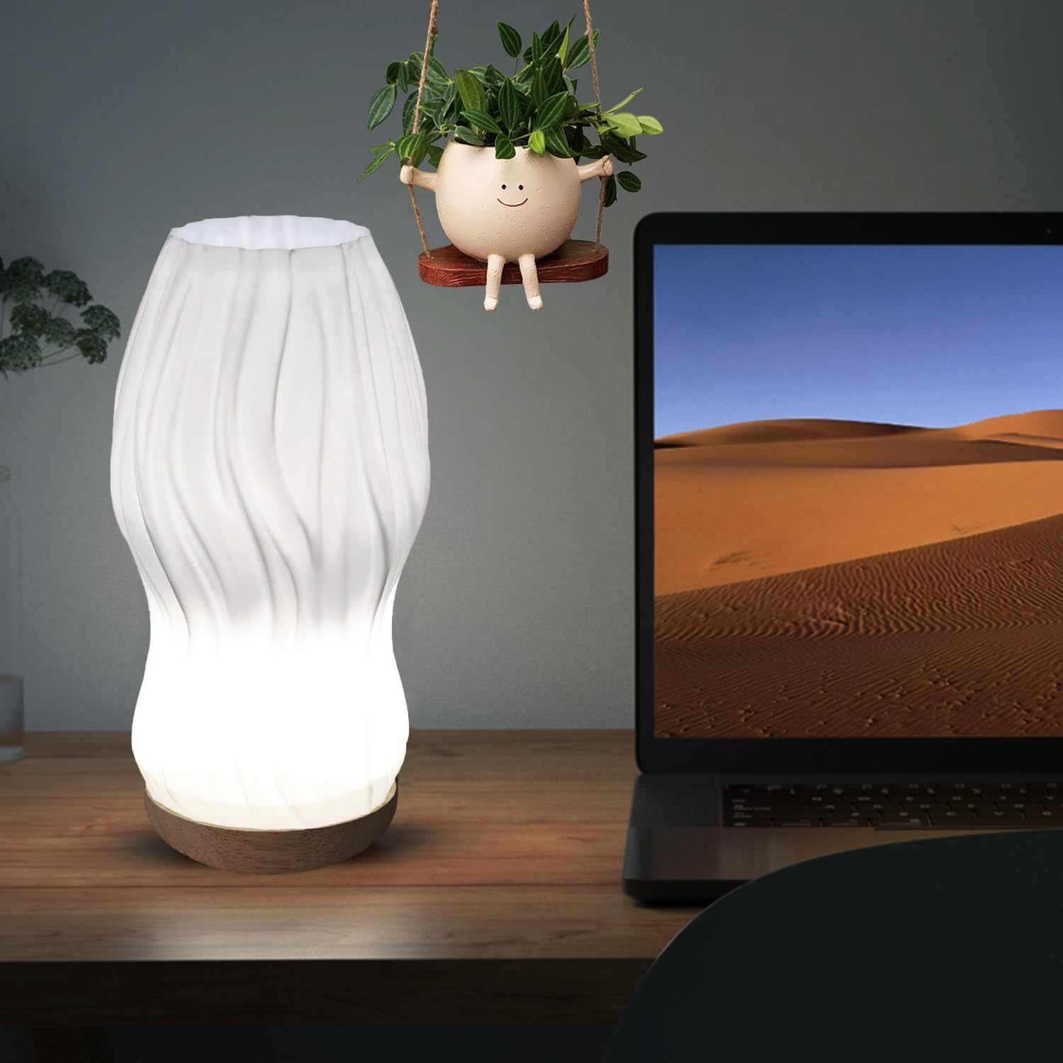 Lampe de table de chambre à coucher avec base en bois - 3 modes d'éclairage réglables, lampe de chevet moderne 3D, convient au salon, bureau