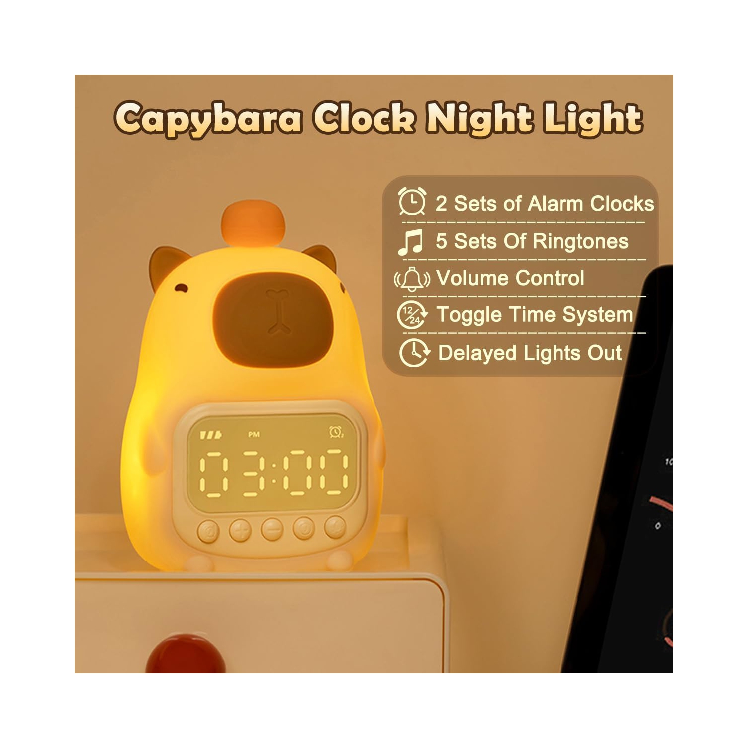 Cute Capybara Alarm Clock Night Light, Fun Children's Wake Up Lamp, Night Light for Kids Bedroom Decoration, Sleep Training Clock, Birthday Gift