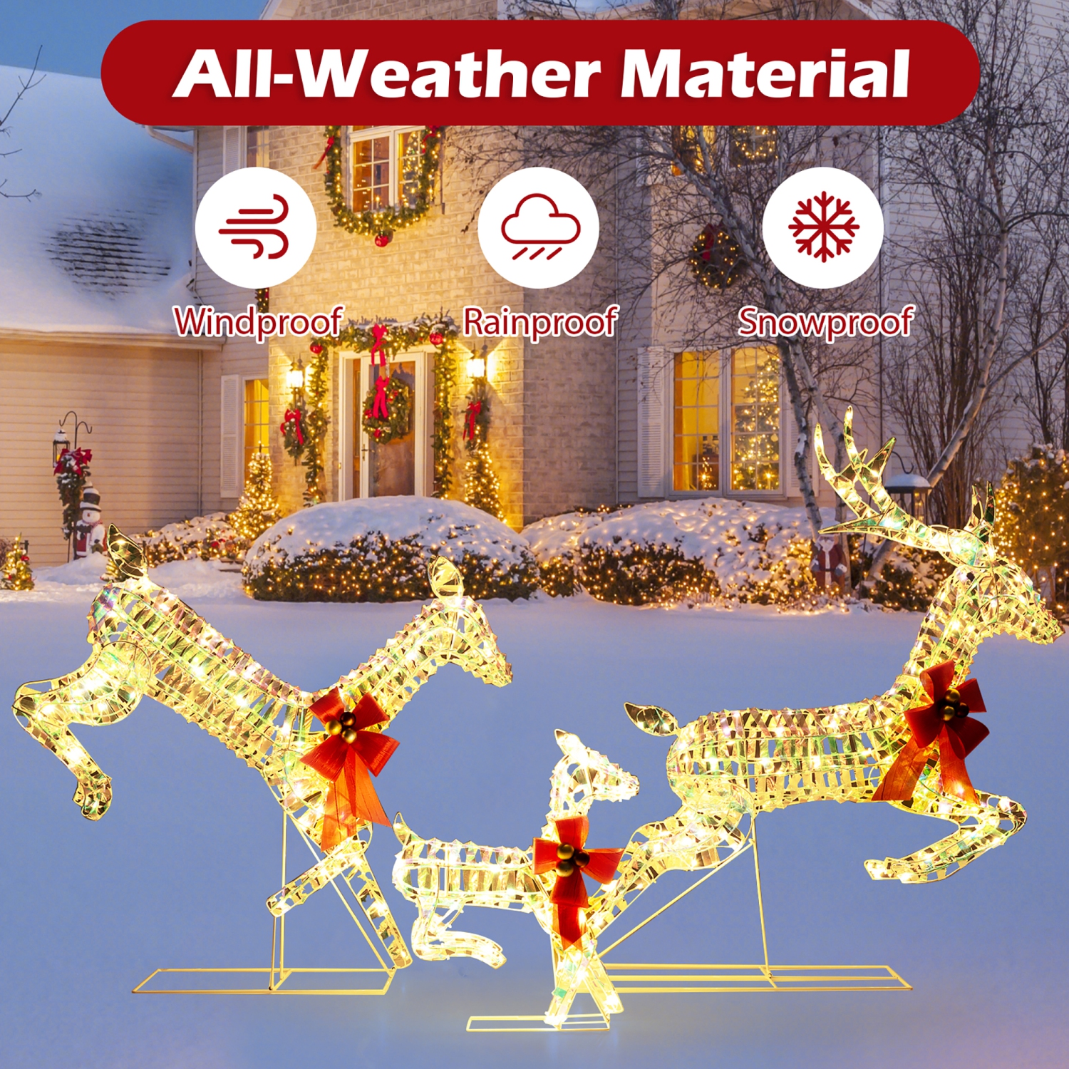 Gymax Christmas Lighted Reindeer w/ LED Lights and Red Bows Stakes