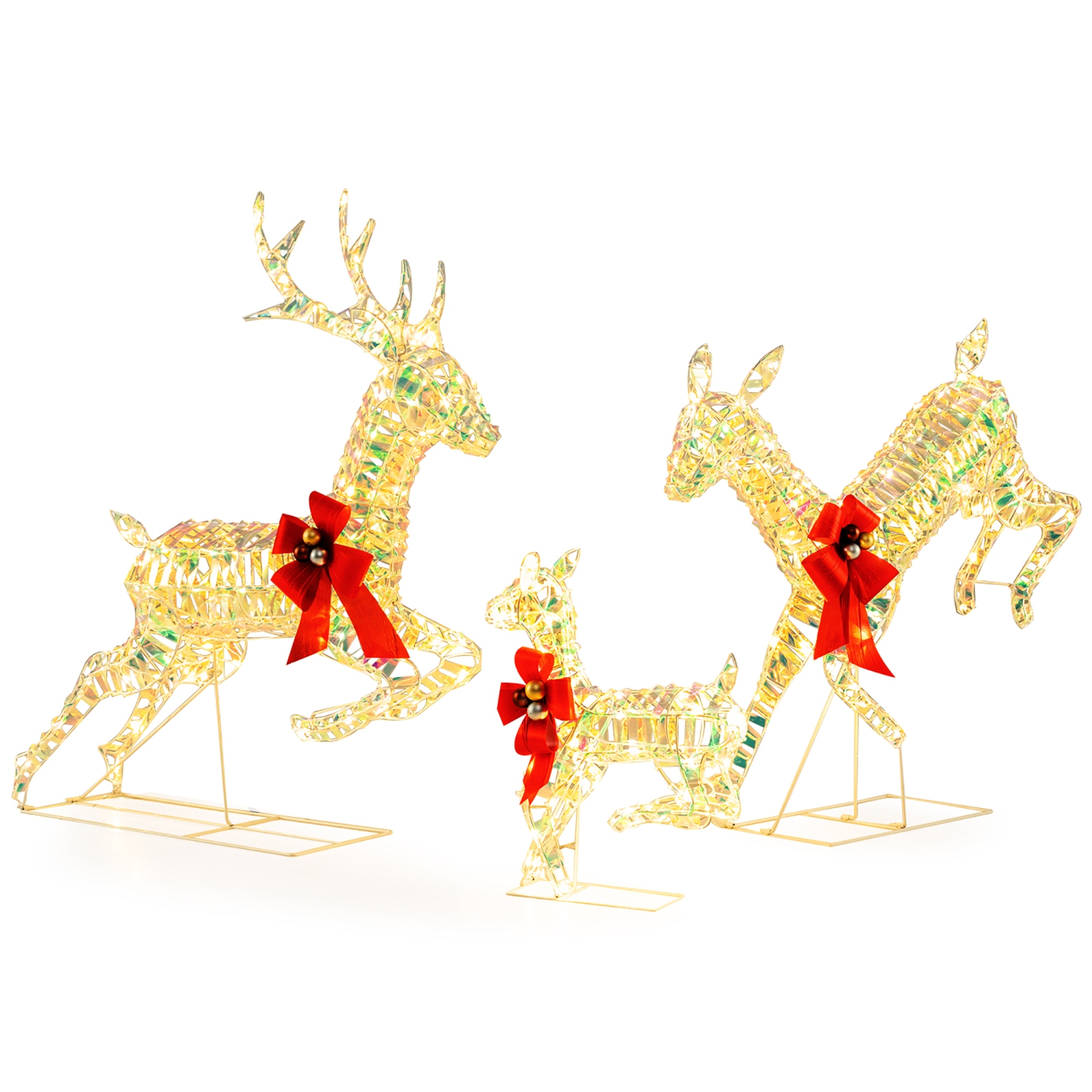 Gymax Christmas Lighted Reindeer w/ LED Lights and Red Bows Stakes