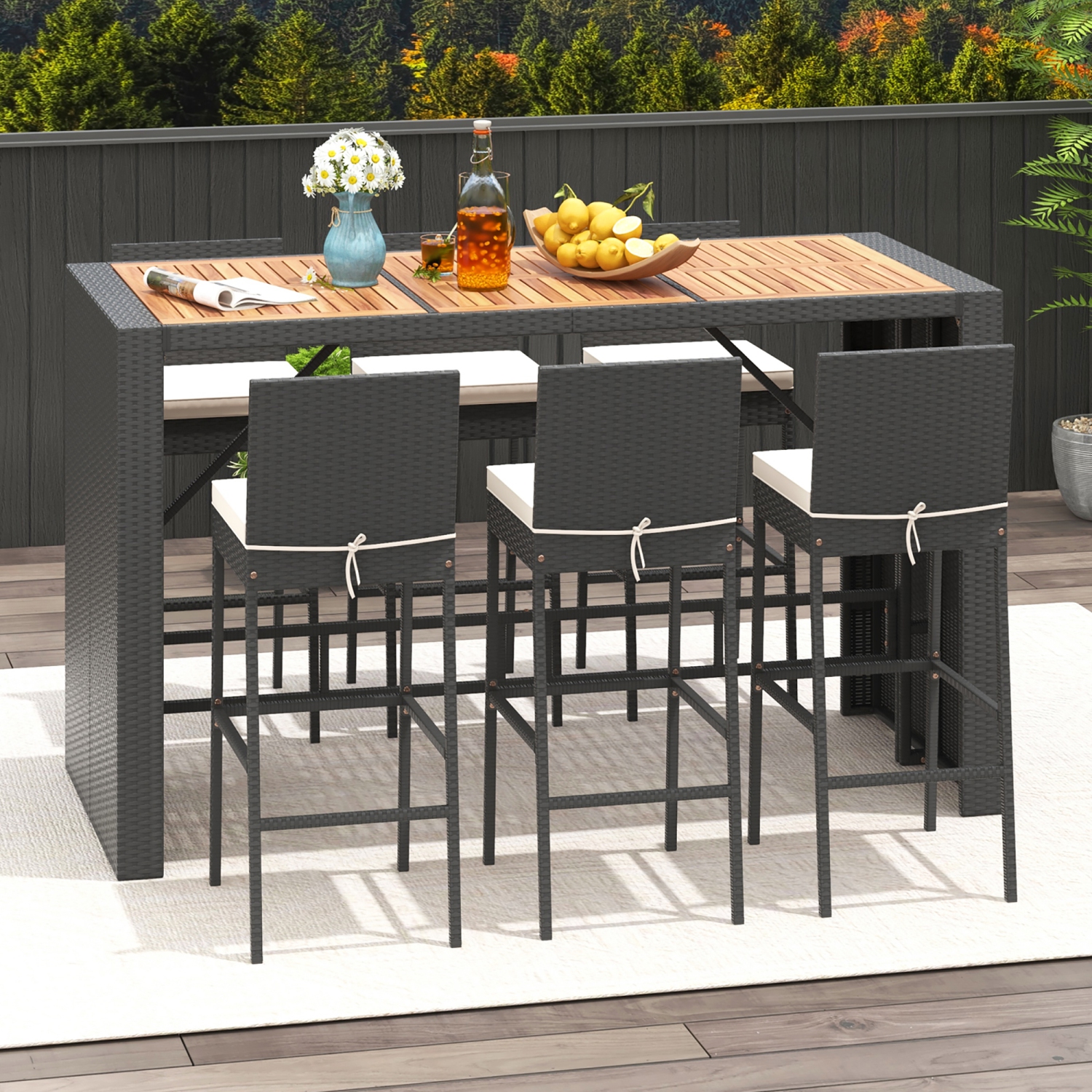Gymax 7 Pieces Patio Bar Set w/ Acacia Wood Tabletop & Removable Cushions Outdoor
