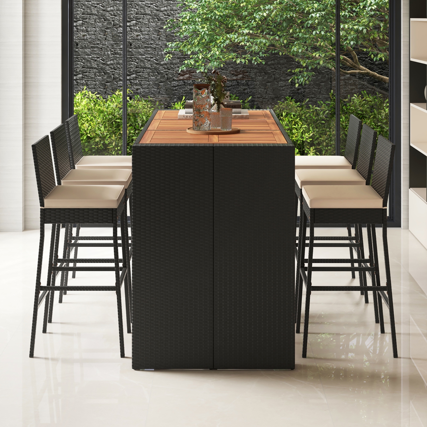 Gymax 7 Pieces Patio Bar Set w/ Acacia Wood Tabletop & Removable Cushions Outdoor