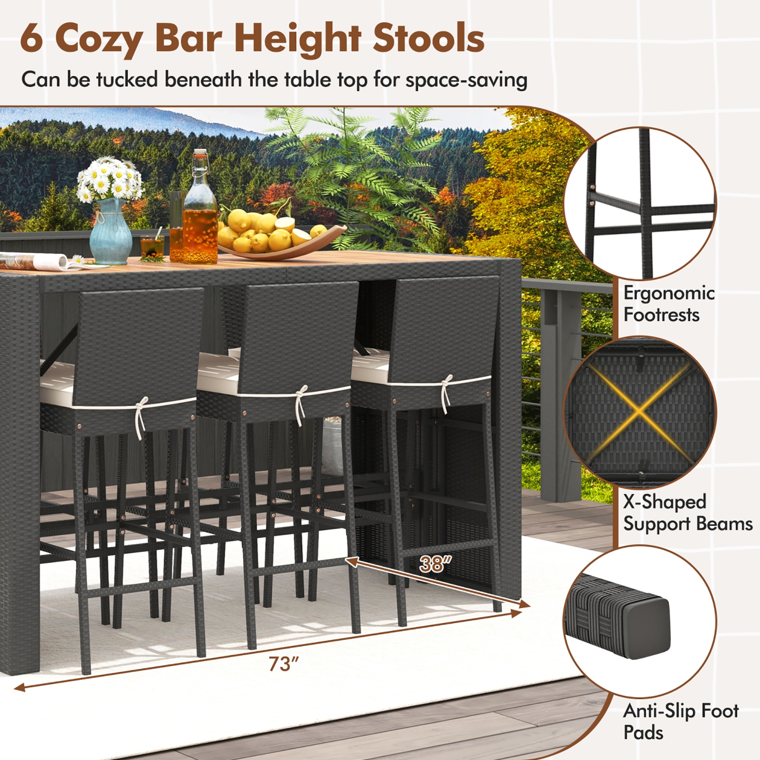 Gymax 7 Pieces Patio Bar Set w/ Acacia Wood Tabletop & Removable Cushions Outdoor