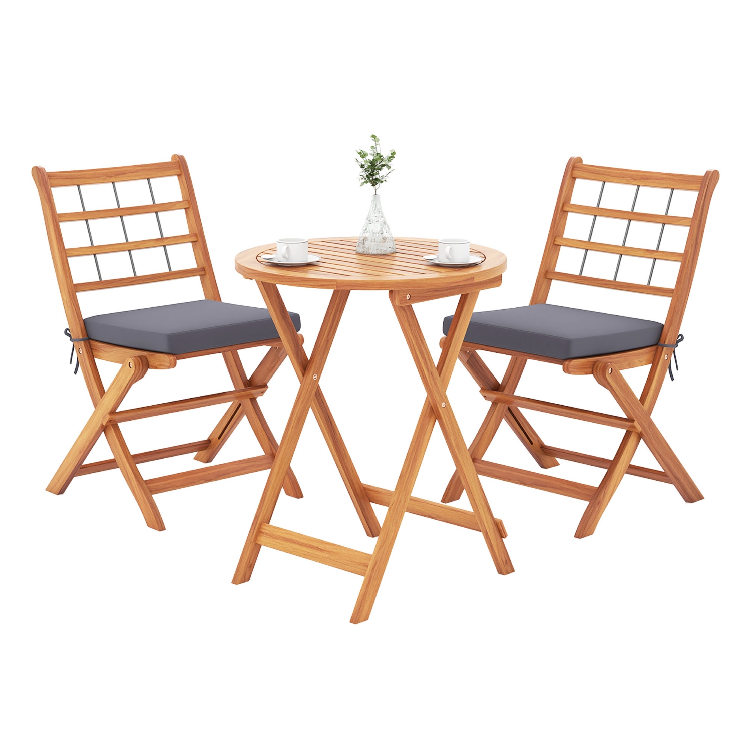 Gymax 3 PCS Acacia Wood Patio Bistro Set Folding Table & Chairs Set w/ Cushions