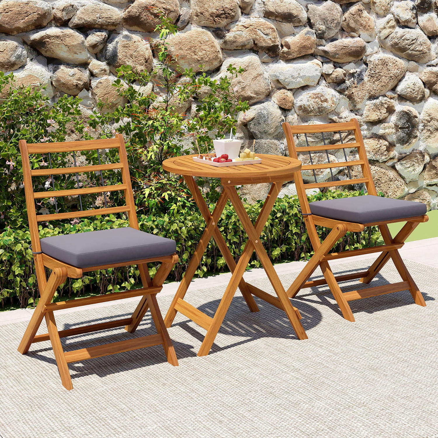 Gymax 3 PCS Acacia Wood Patio Bistro Set Folding Table & Chairs Set w/ Cushions