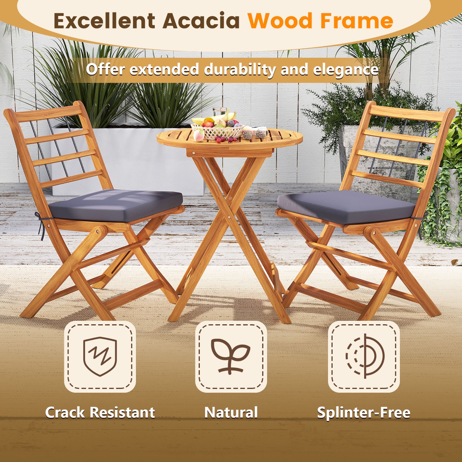 Gymax 3 PCS Acacia Wood Patio Bistro Set Folding Table & Chairs Set w/ Cushions