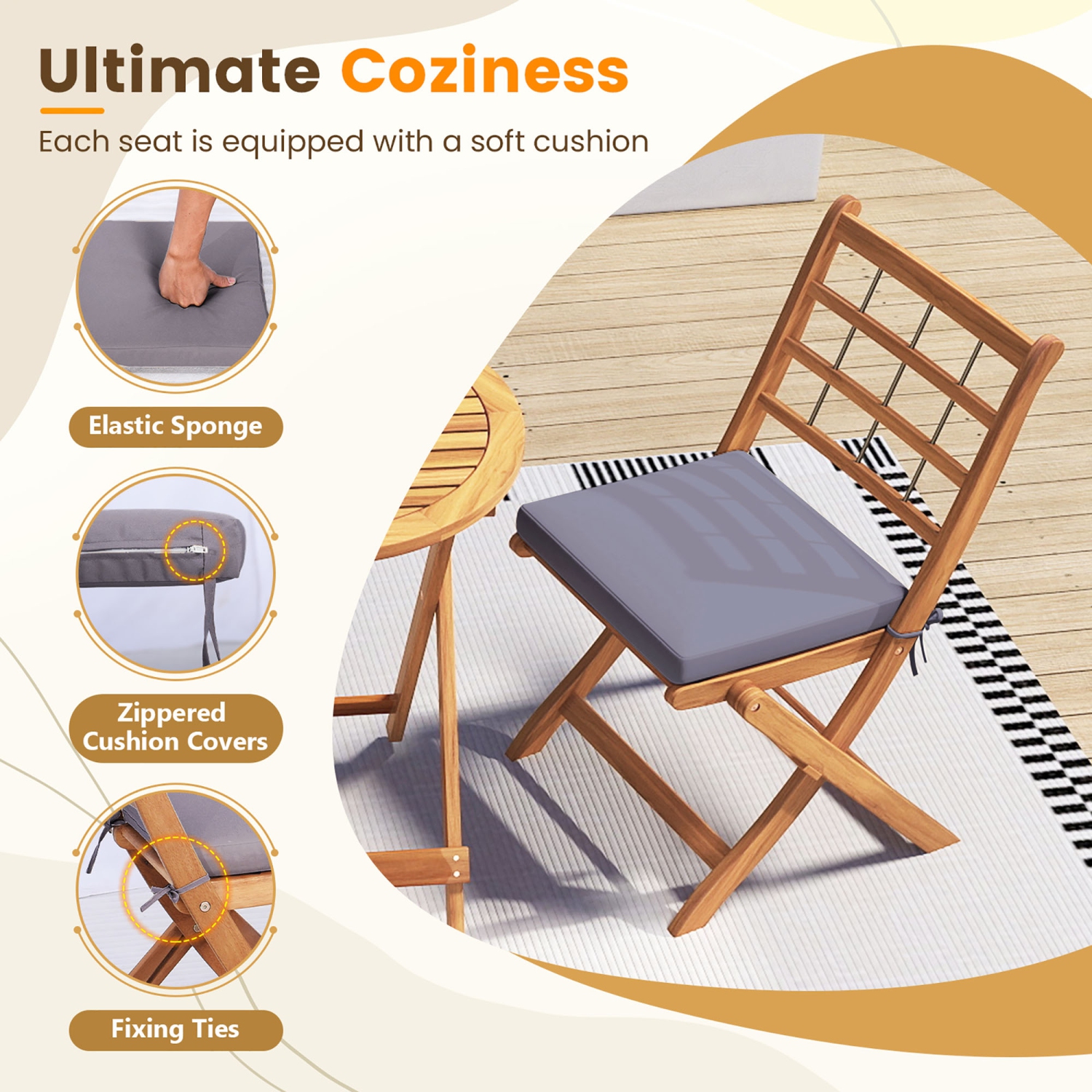 Gymax 3 PCS Acacia Wood Patio Bistro Set Folding Table & Chairs Set w/ Cushions