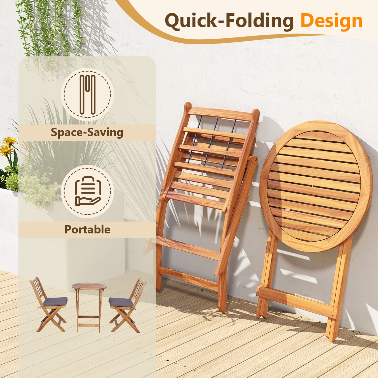 Gymax 3 PCS Acacia Wood Patio Bistro Set Folding Table & Chairs Set w/ Cushions
