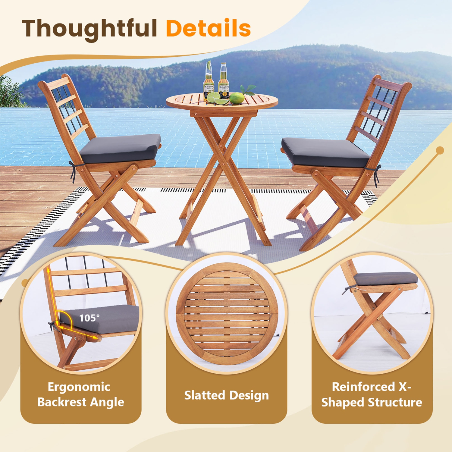 Gymax 3 PCS Acacia Wood Patio Bistro Set Folding Table & Chairs Set w/ Cushions