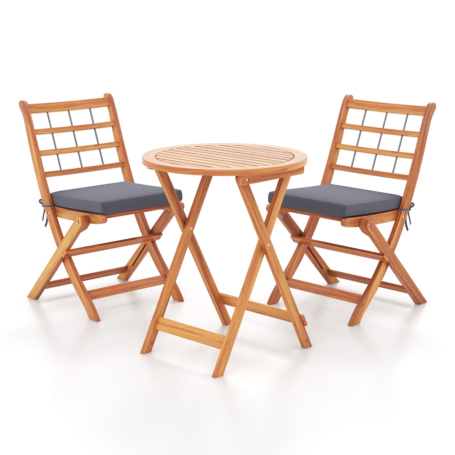 Gymax 3 PCS Acacia Wood Patio Bistro Set Folding Table & Chairs Set w/ Cushions
