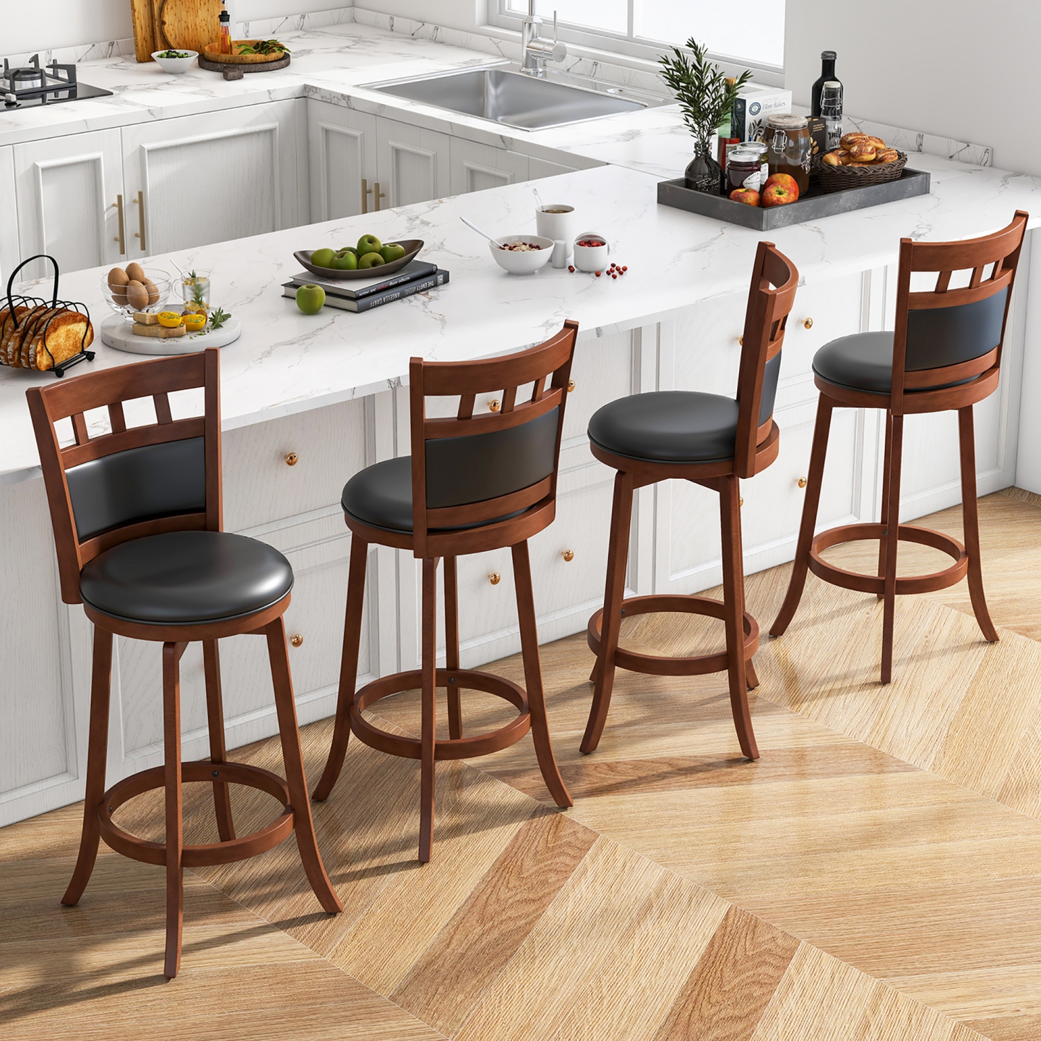 Gymax Wood Swivel Bar Stools Set of 4 w/ Faux Leather Upholstered Seat & Back