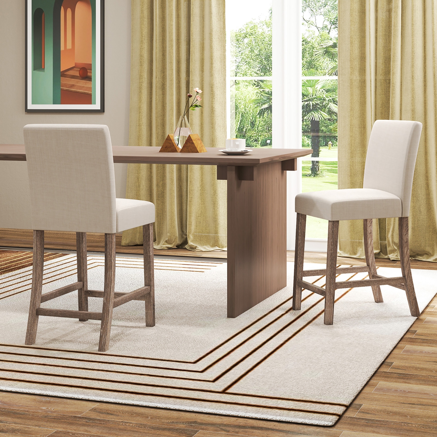 Gymax 2PCS 24.5'' Counter Height Bar Stools Modern Fabric Upholstered Kitchen Chairs