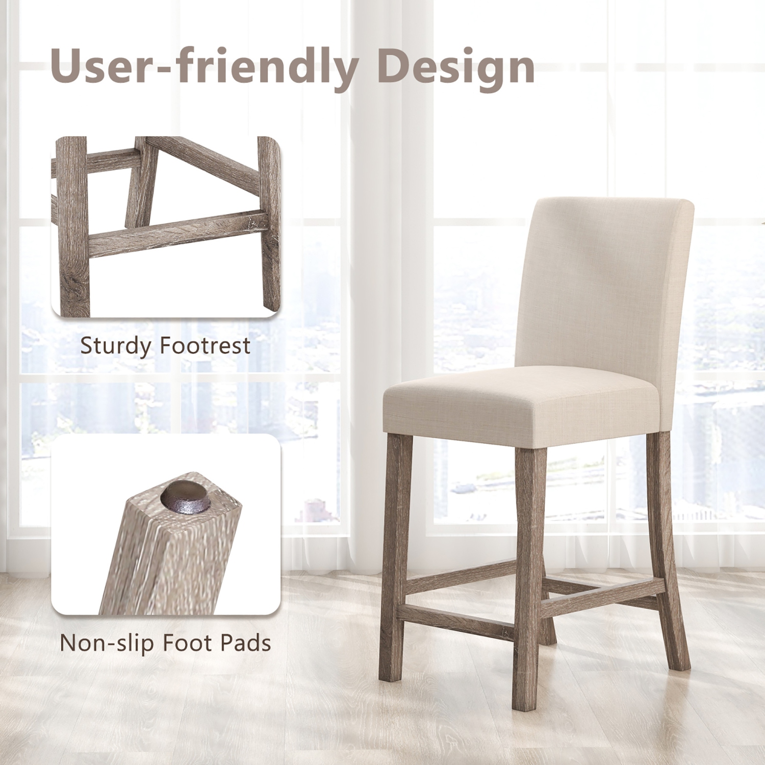 Gymax 2PCS 24.5'' Counter Height Bar Stools Modern Fabric Upholstered Kitchen Chairs