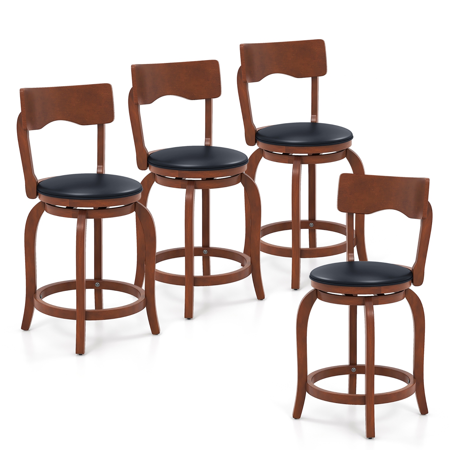 Gymax 24'' Swivel Bar Stools Set of 4 w/ Rubber Wood Frame Upholstered Seat Footrest