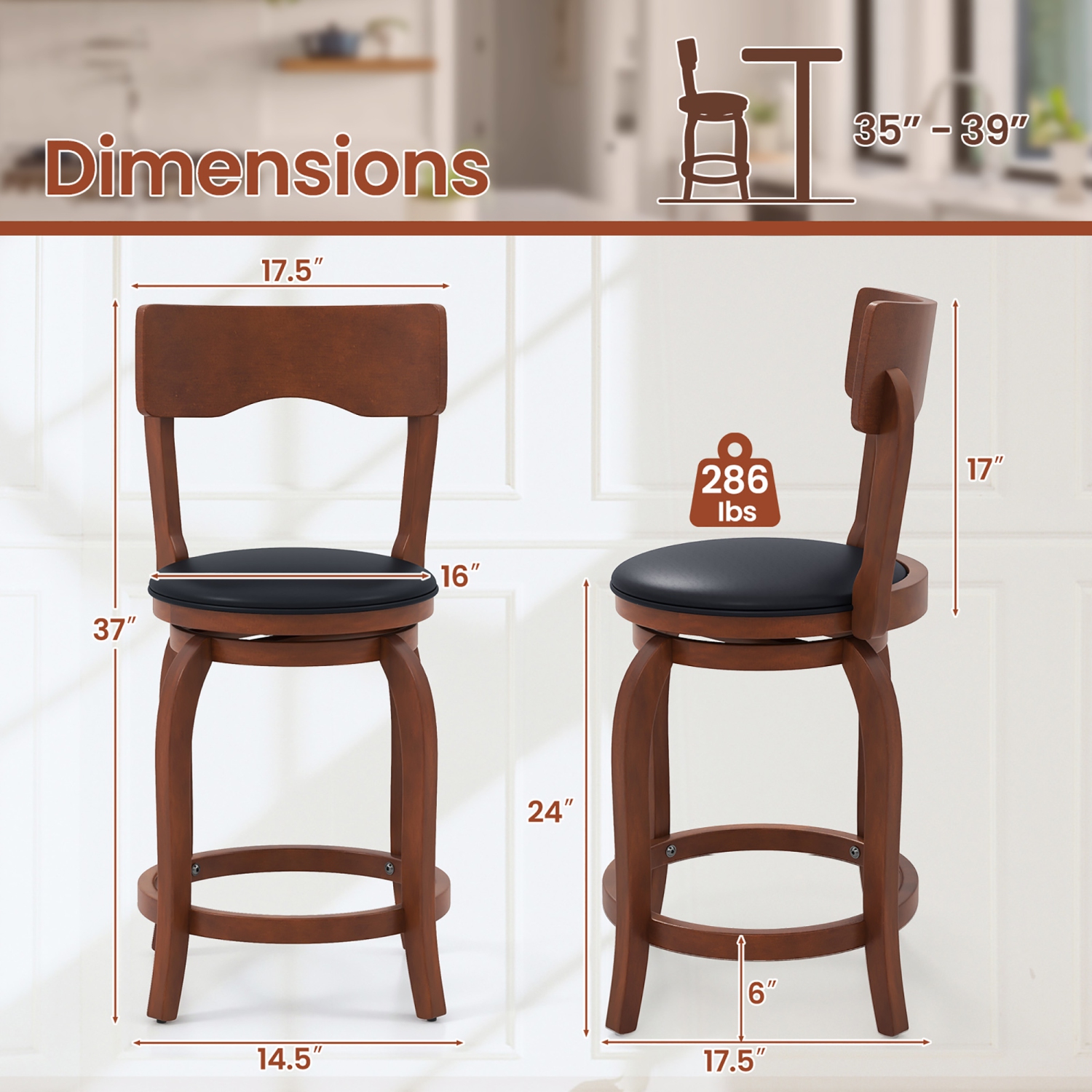 Gymax 24'' Swivel Bar Stools Set of 4 w/ Rubber Wood Frame Upholstered Seat Footrest