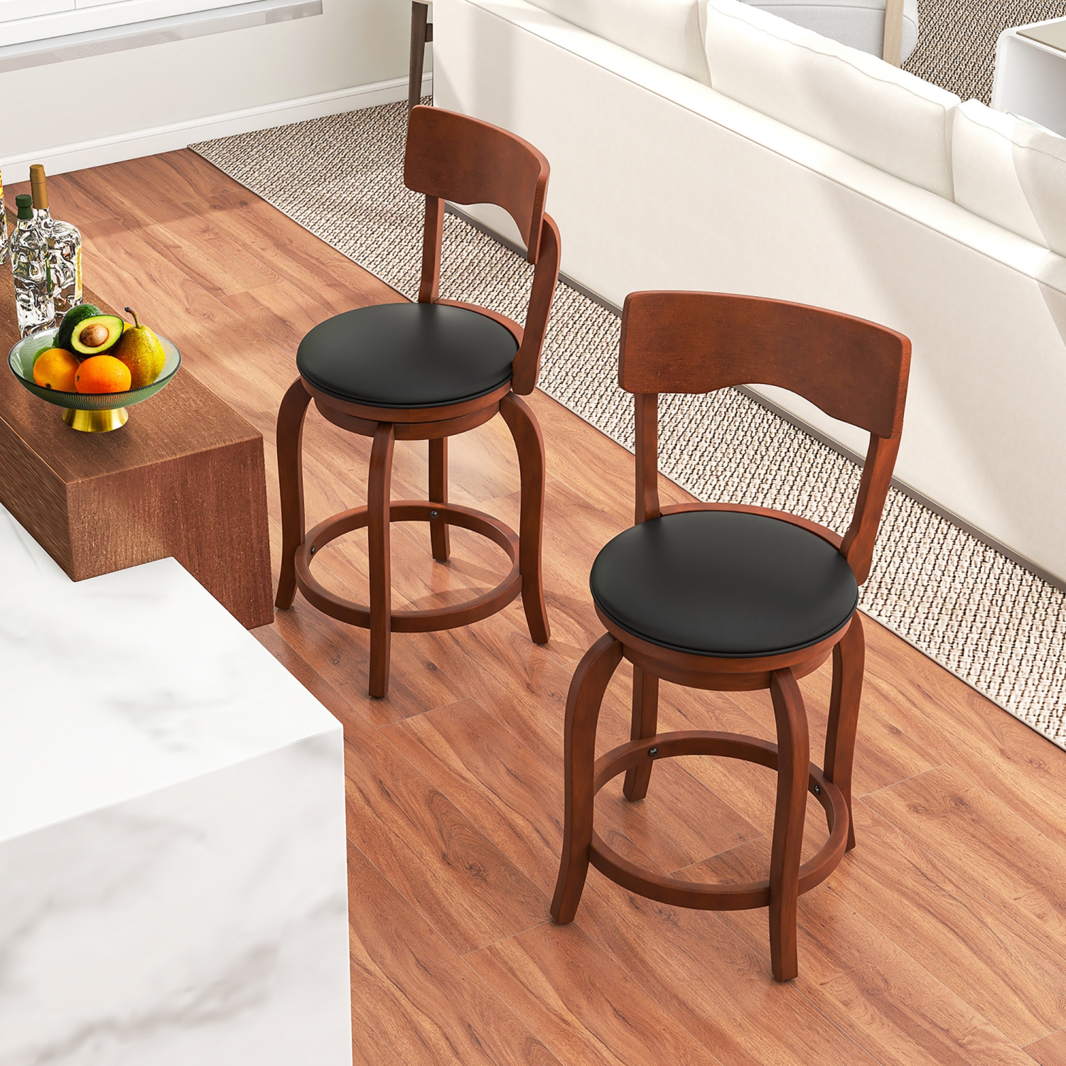 Gymax 24'' Swivel Bar Stools Set of 4 w/ Rubber Wood Frame Upholstered Seat Footrest