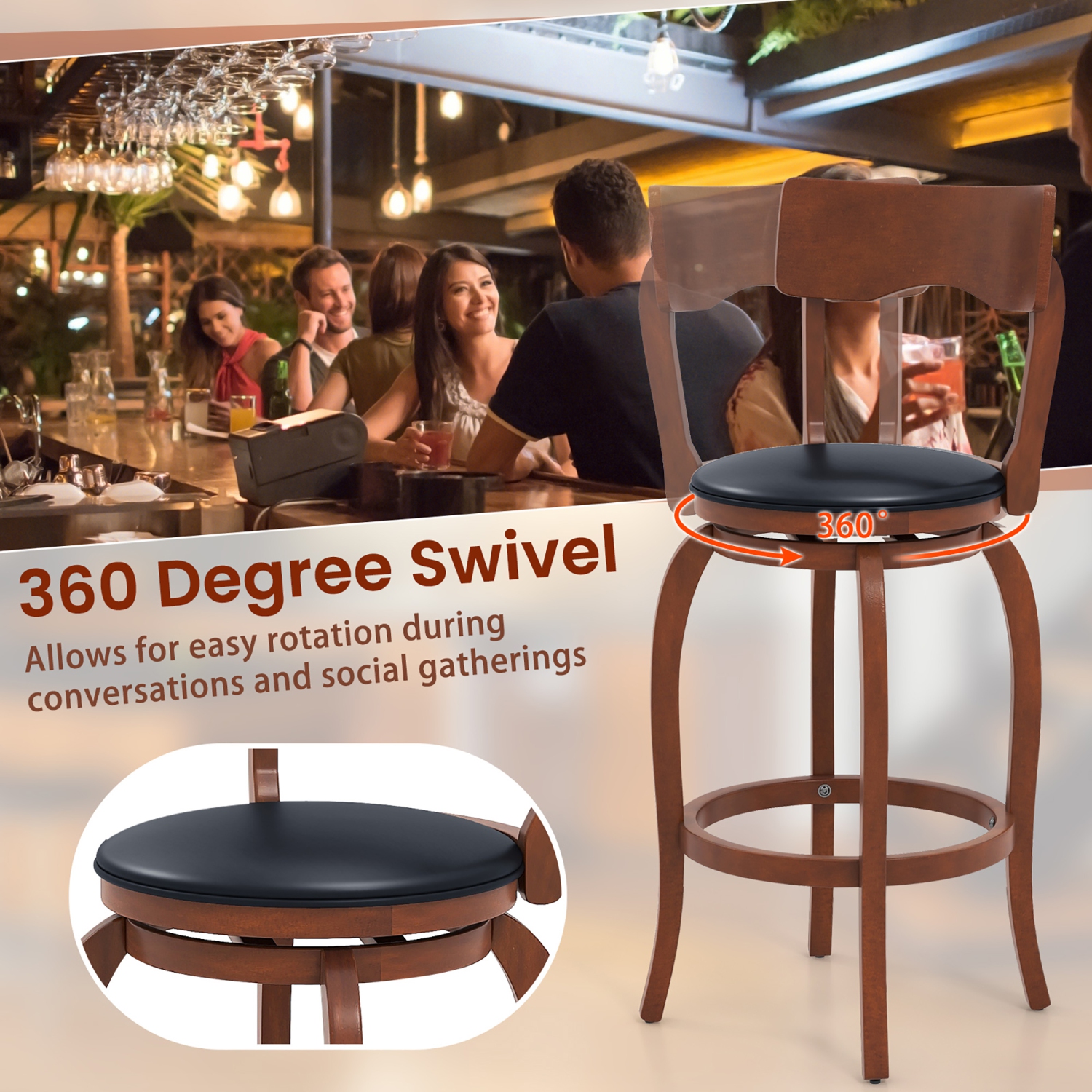 Gymax 29'' Swivel Bar Stools Set of 2 w/ Rubber Wood Frame Upholstered Seat Footrest