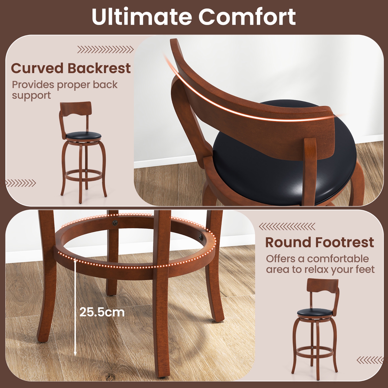 Gymax 29'' Swivel Bar Stools Set of 2 w/ Rubber Wood Frame Upholstered Seat Footrest