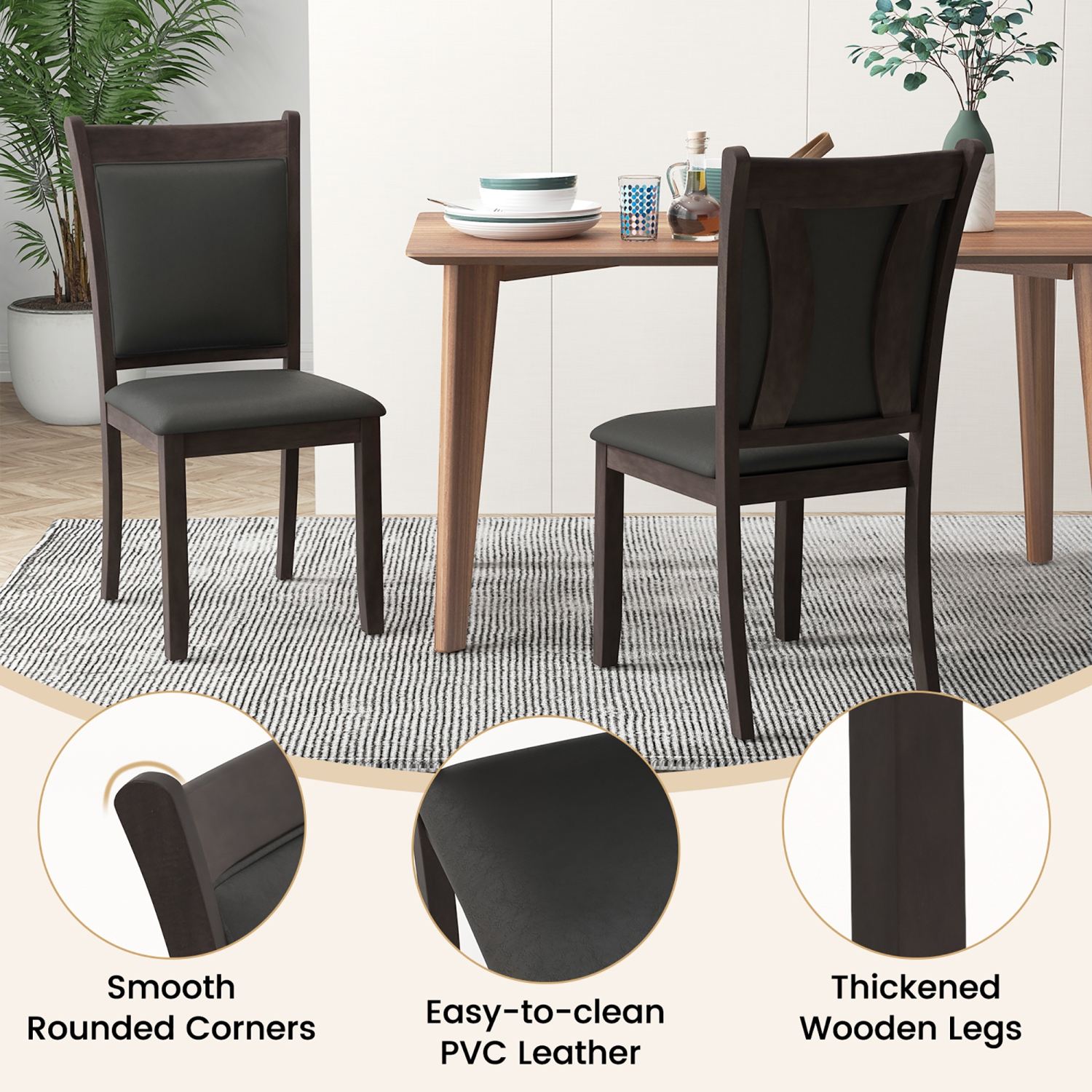 Gymax Faux Leather Upholstered Dining Chairs Set of 2 w/ Padded Seat Rubber Wood Legs